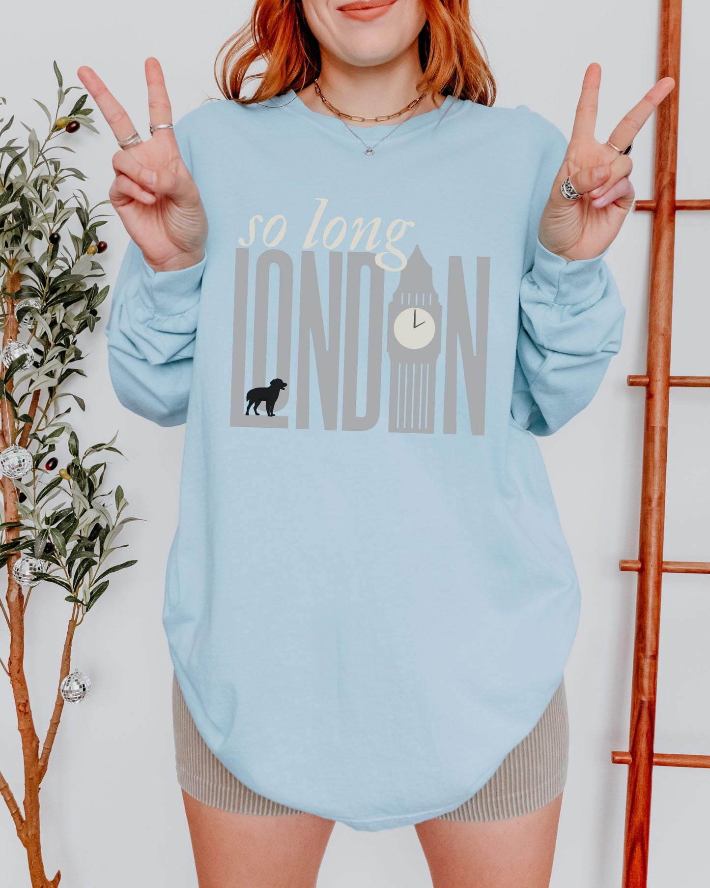 So Long London Long Sleeve Shirt – Comfort Colors Tee with Dog & Clock Graphic