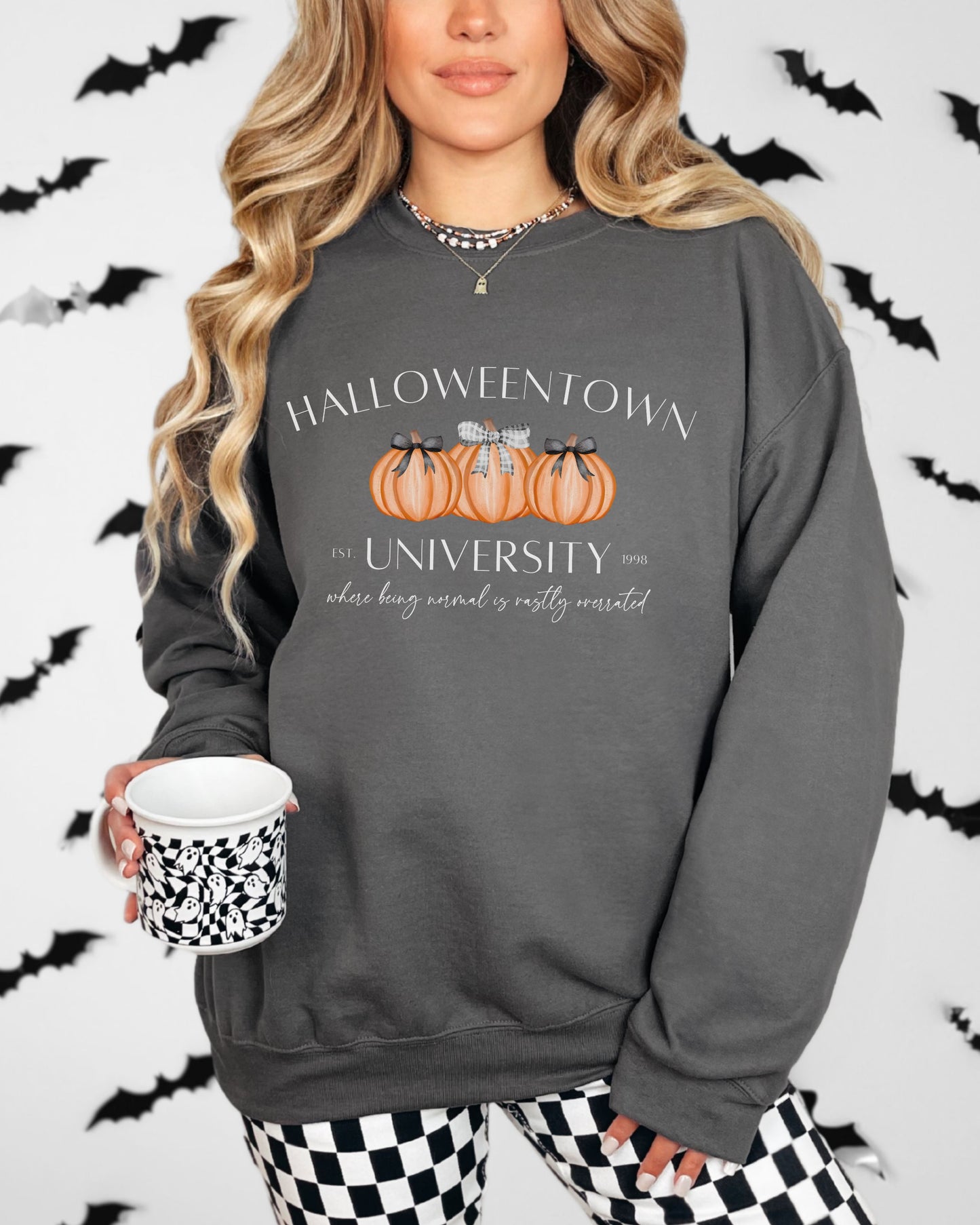 Halloweentown University Sweatshirt – Gildan Crewneck with Coquette Pumpkins