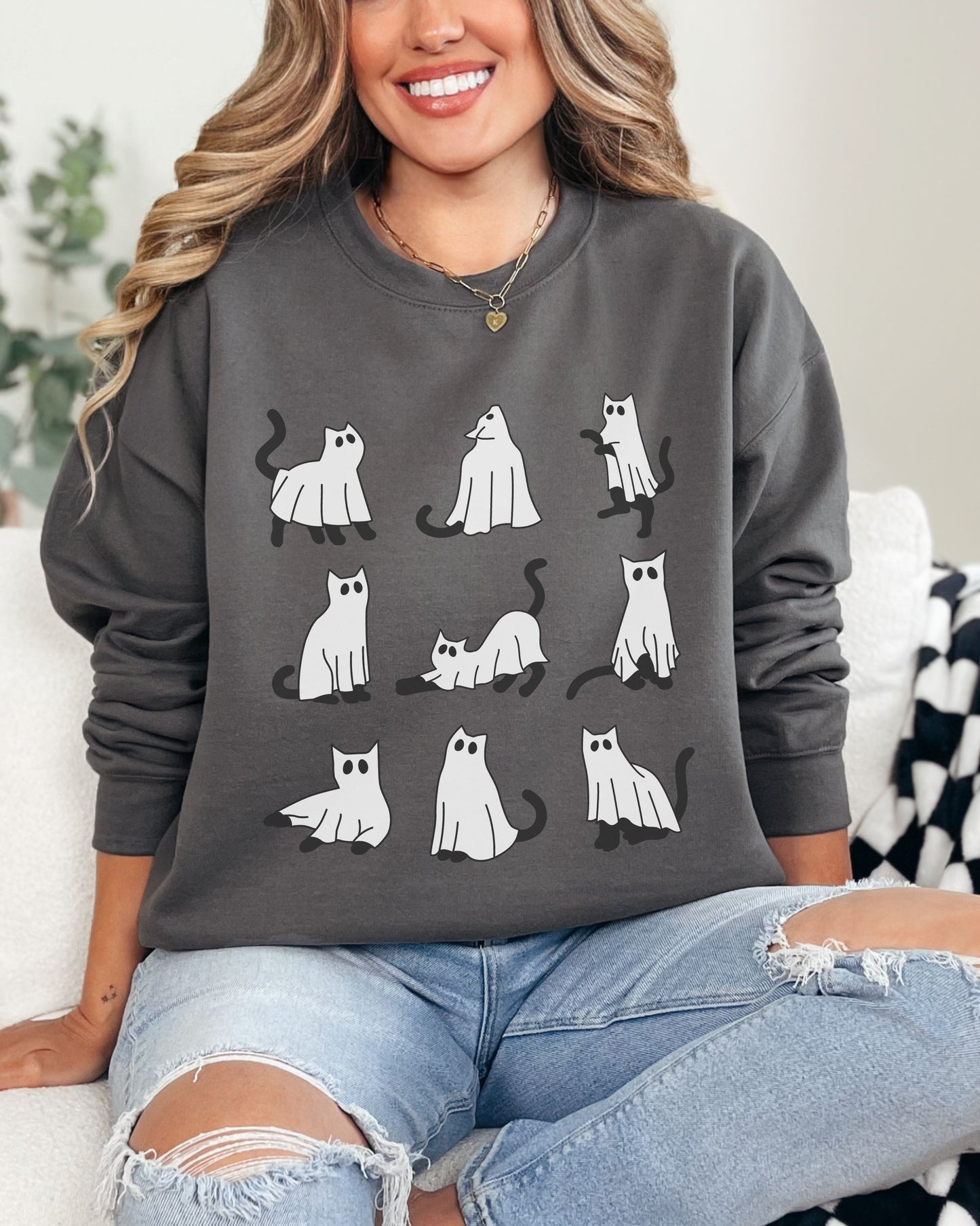Cute Ghost Cats Sweatshirt – Halloween Cat Graphic Crewneck