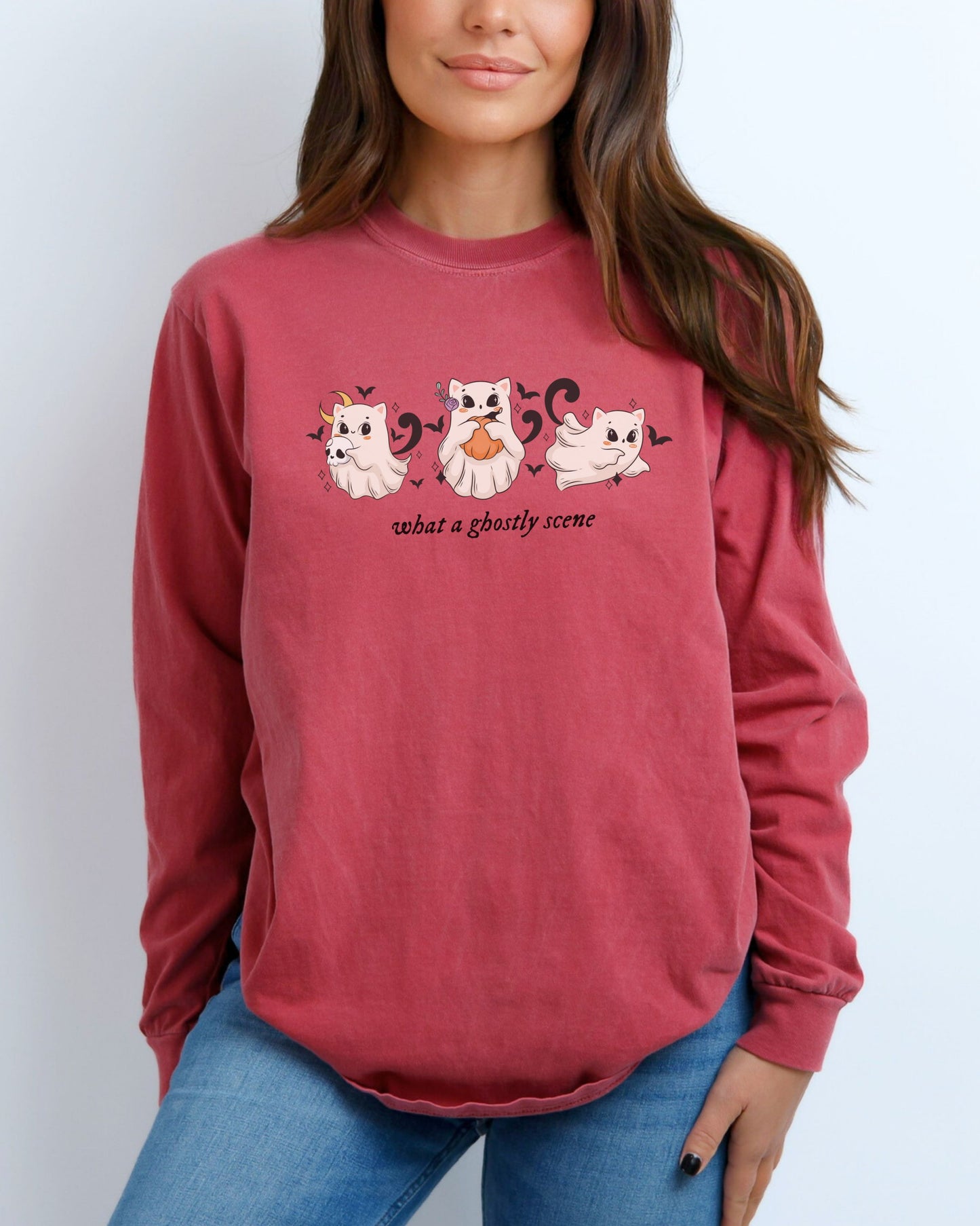 What a Ghostly Scene Long Sleeve Shirt – Comfort Colors with Cute Ghost Cats