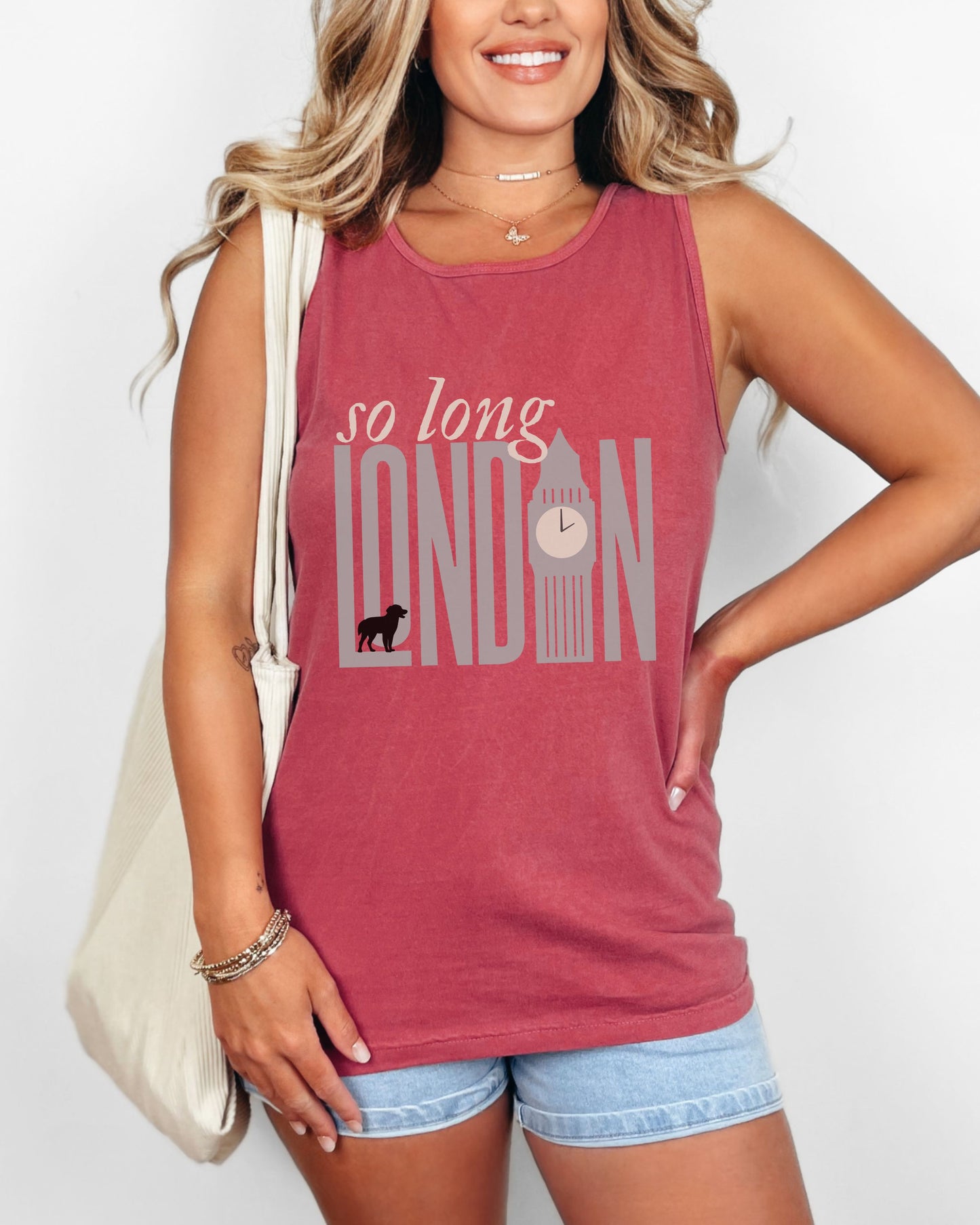 So Long London Tank Top – Comfort Colors with Dog & Clock Graphic