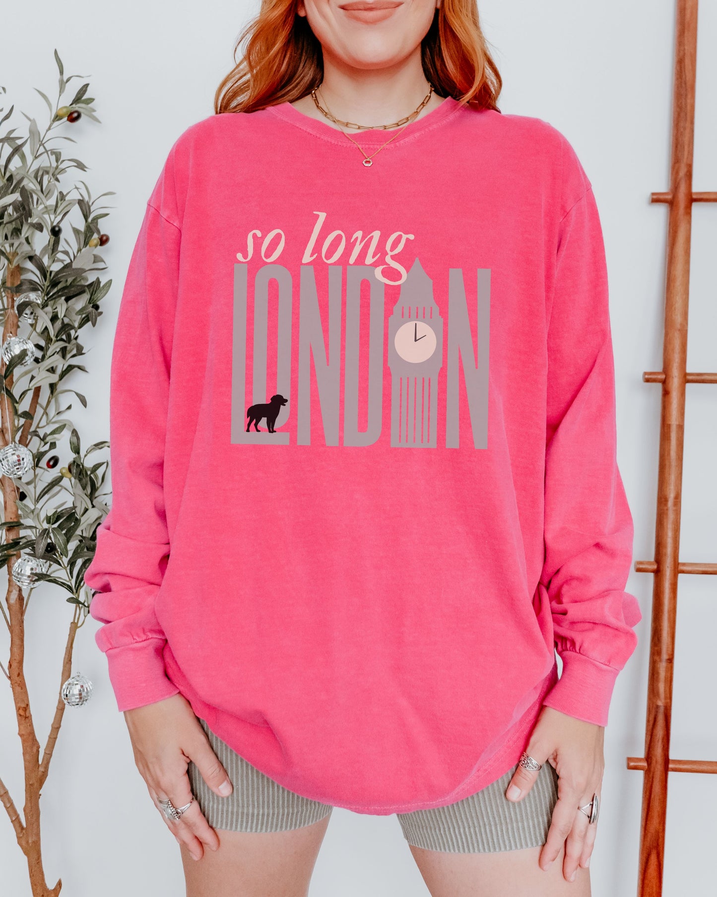So Long London Long Sleeve Shirt – Comfort Colors Tee with Dog & Clock Graphic