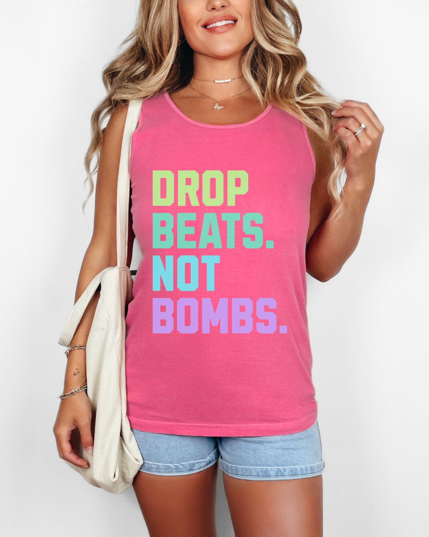 Drop Beats Not Bombs Tank Top – Comfort Colors Colorful Peace Music Tee