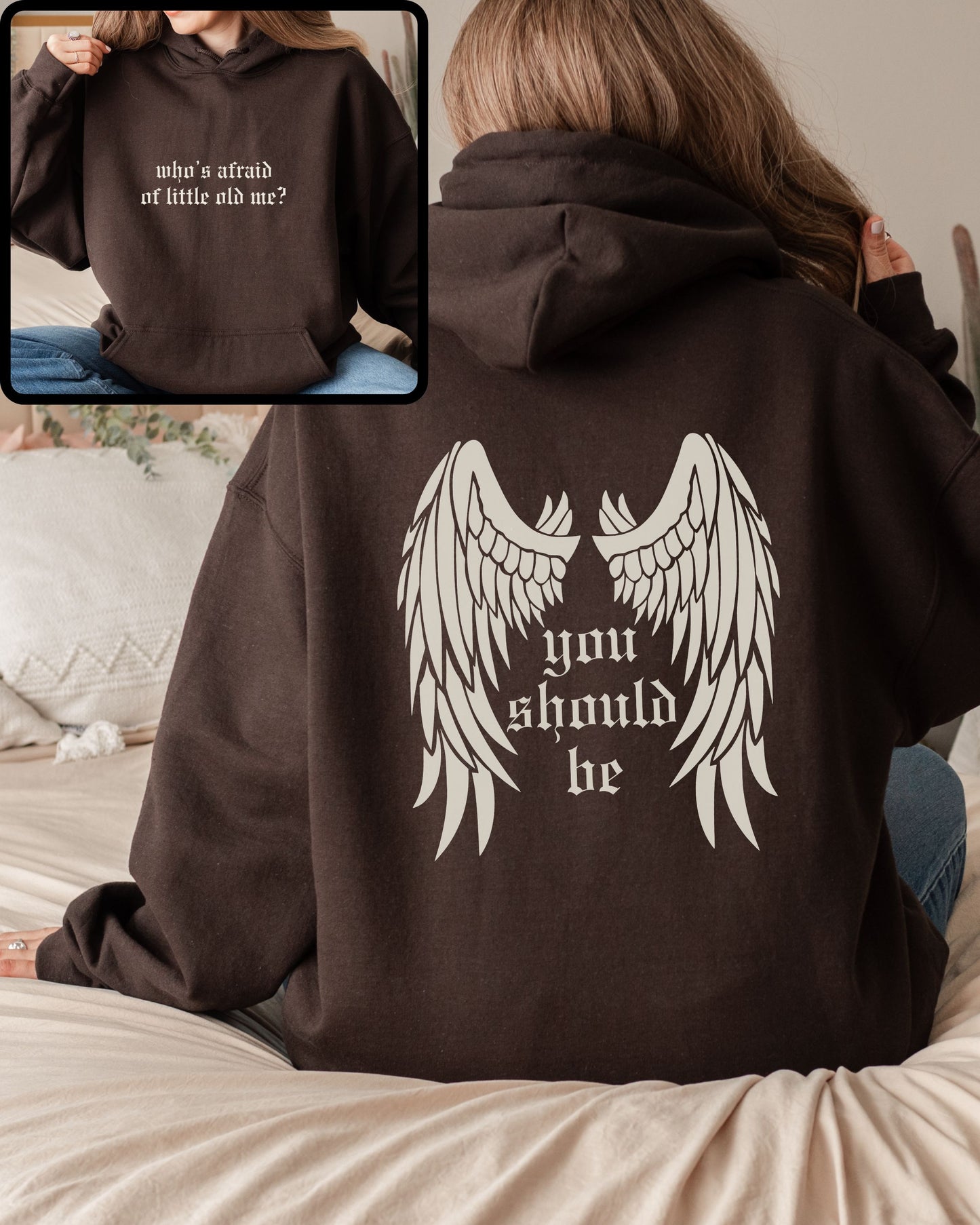 woman wearing who’s afraid of little old me hoodie, relaxed oversized fit