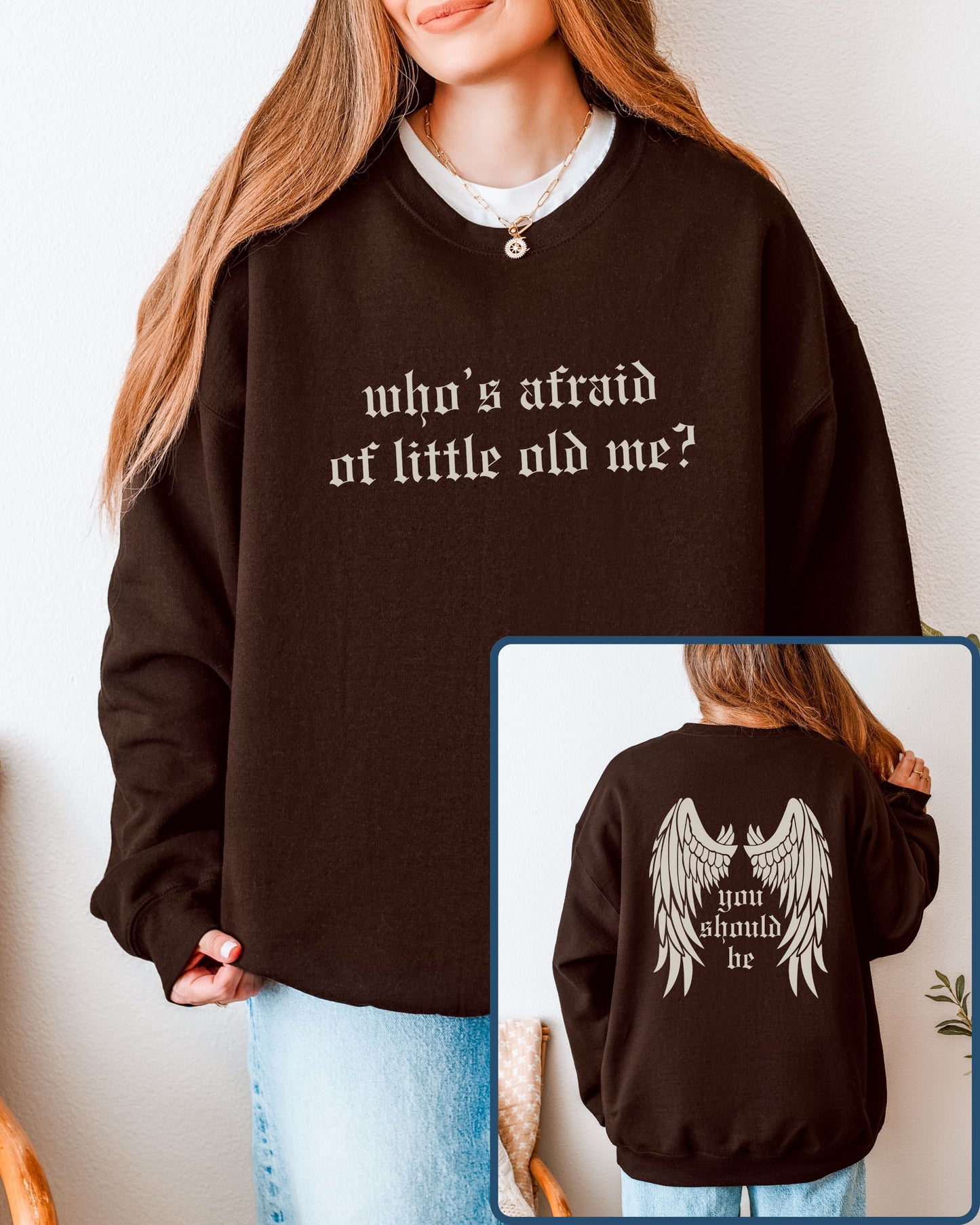 Person wearing a brown sweatshirt with text, shown from front and back.