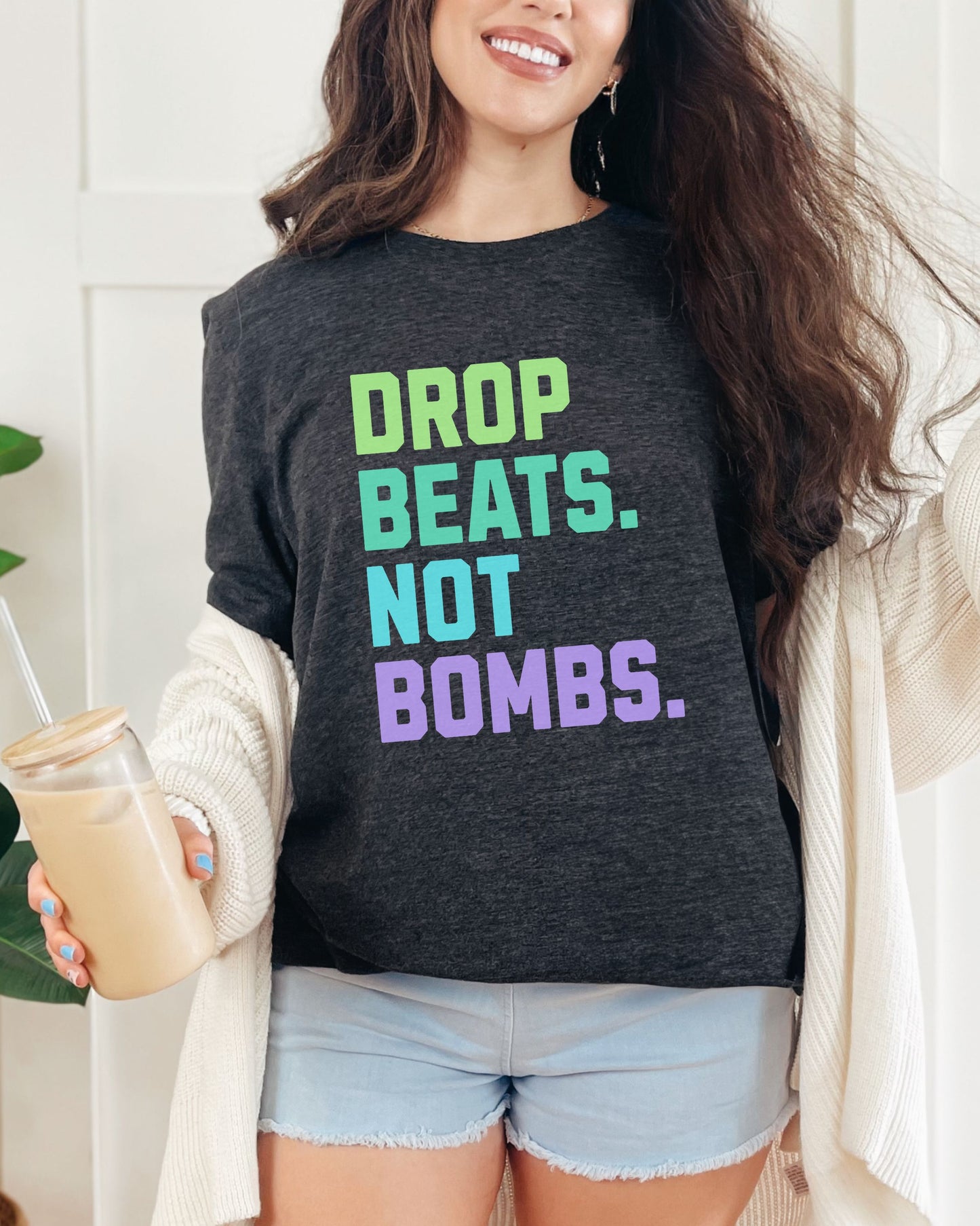 Drop Beats Not Bombs T-Shirt – Bella + Canvas Colorful Peace Music Tee