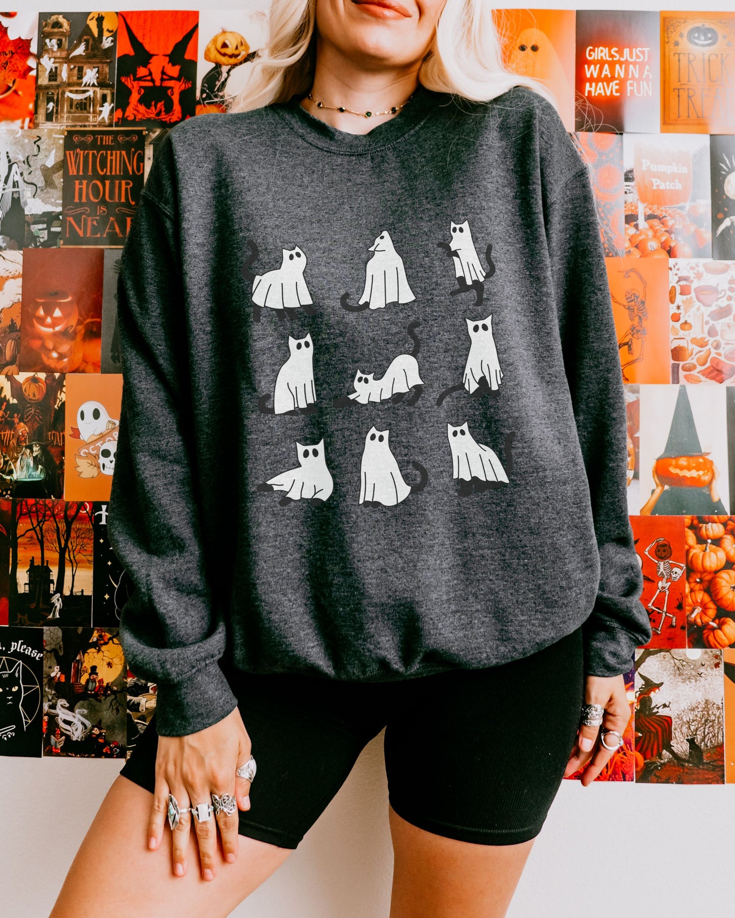 Cute Ghost Cats Sweatshirt – Halloween Cat Graphic Crewneck
