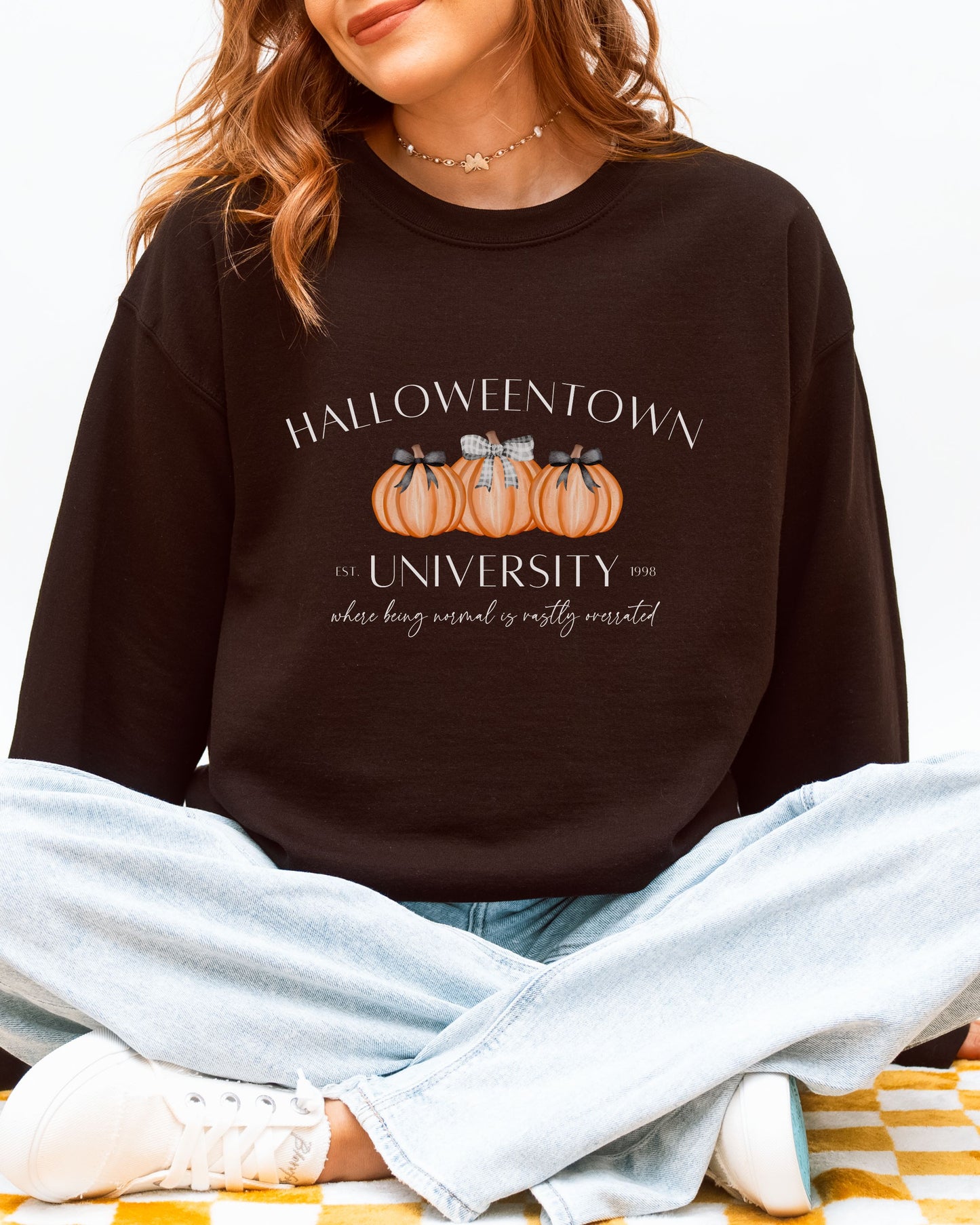 Halloweentown University Sweatshirt – Gildan Crewneck with Coquette Pumpkins