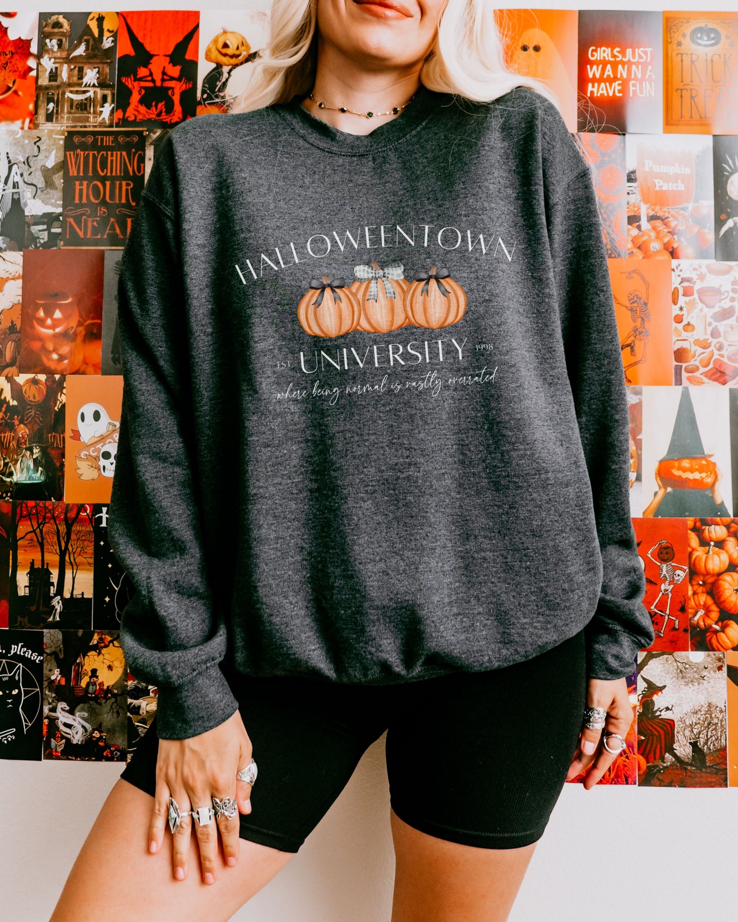 Halloweentown University Sweatshirt – Gildan Crewneck with Coquette Pumpkins