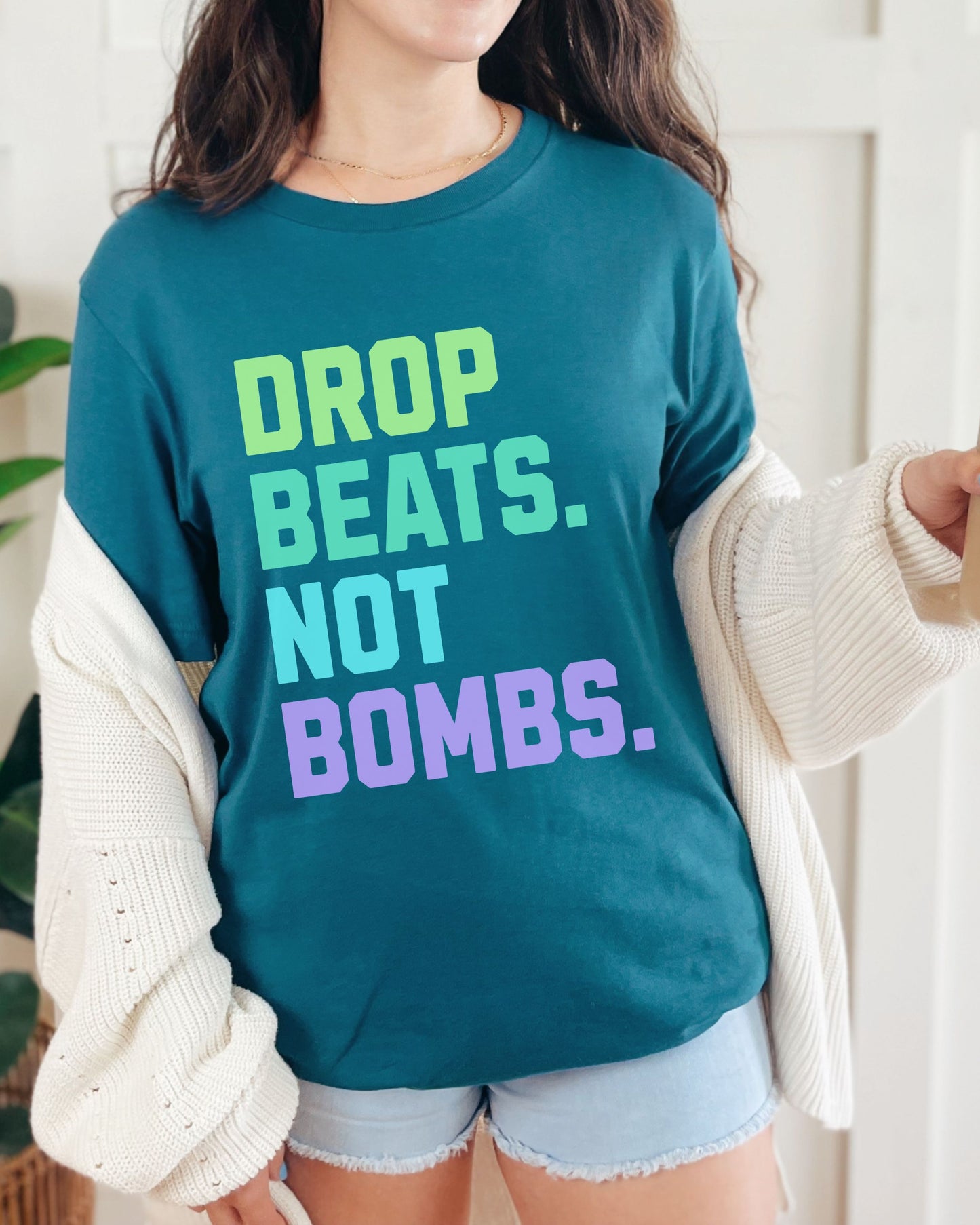 Drop Beats Not Bombs T-Shirt – Bella + Canvas Colorful Peace Music Tee