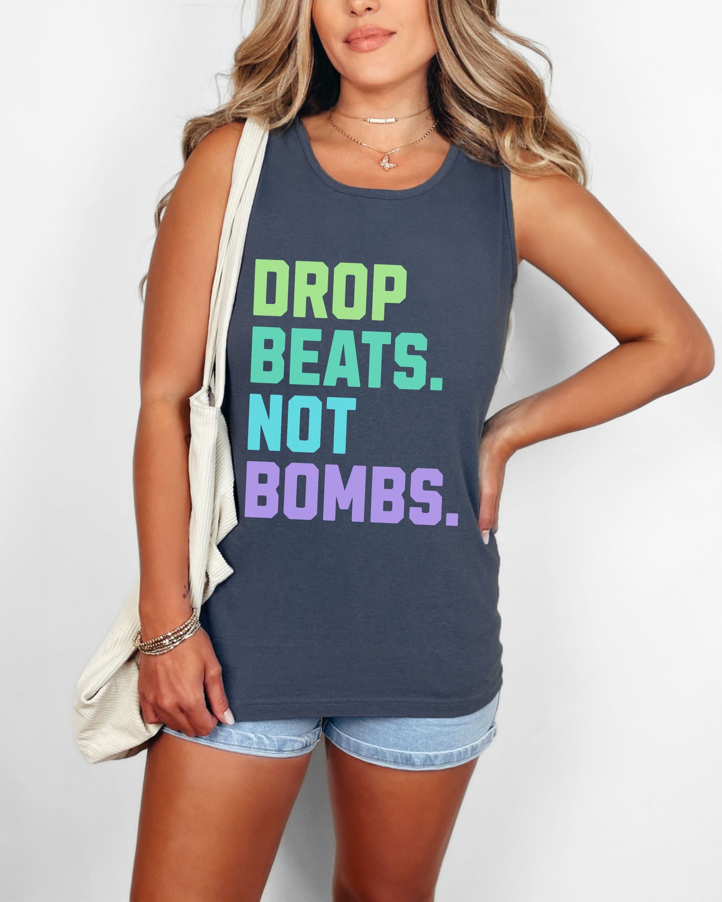 Drop Beats Not Bombs Tank Top – Comfort Colors Colorful Peace Music Tee