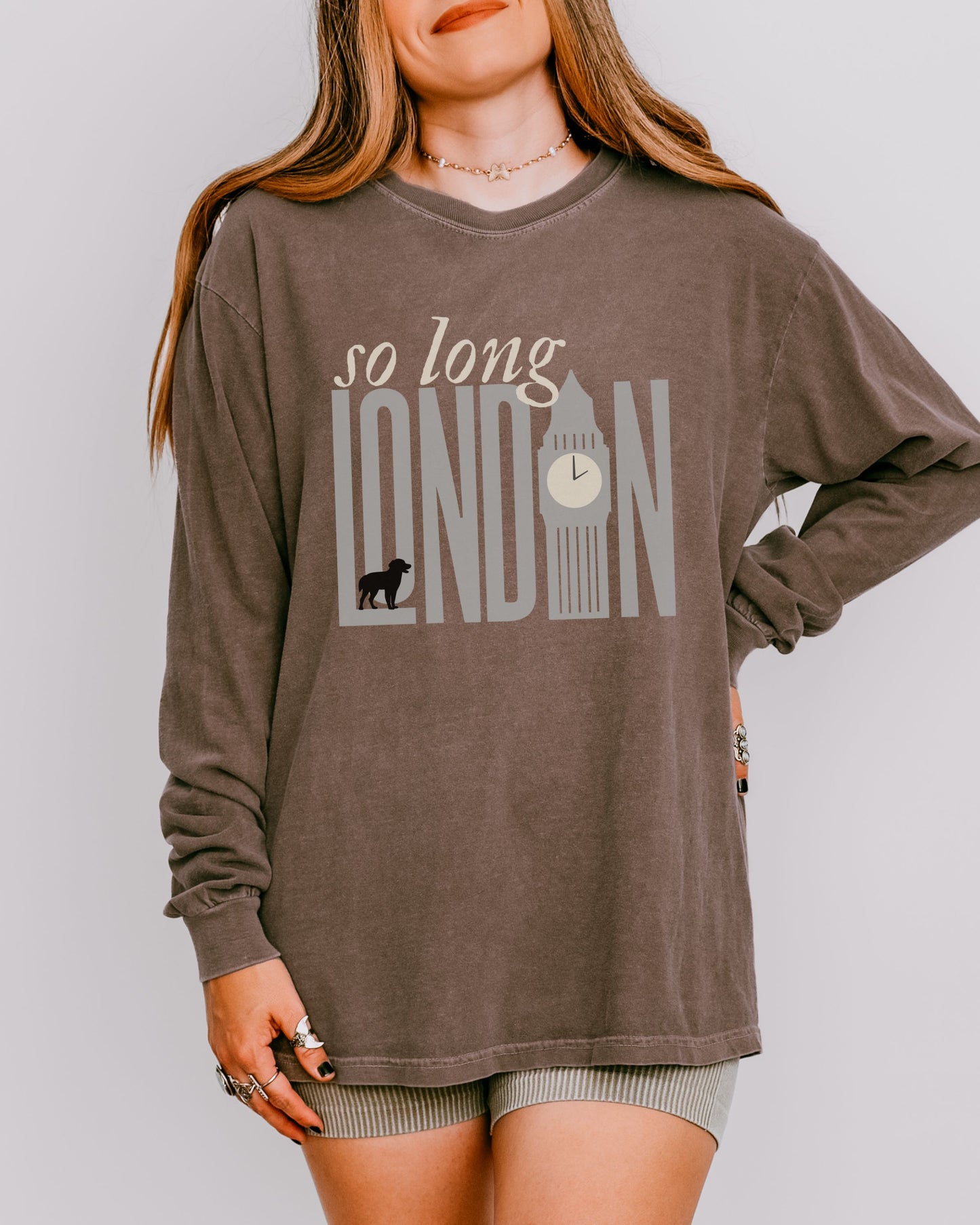 So Long London Long Sleeve Shirt – Comfort Colors Tee with Dog & Clock Graphic