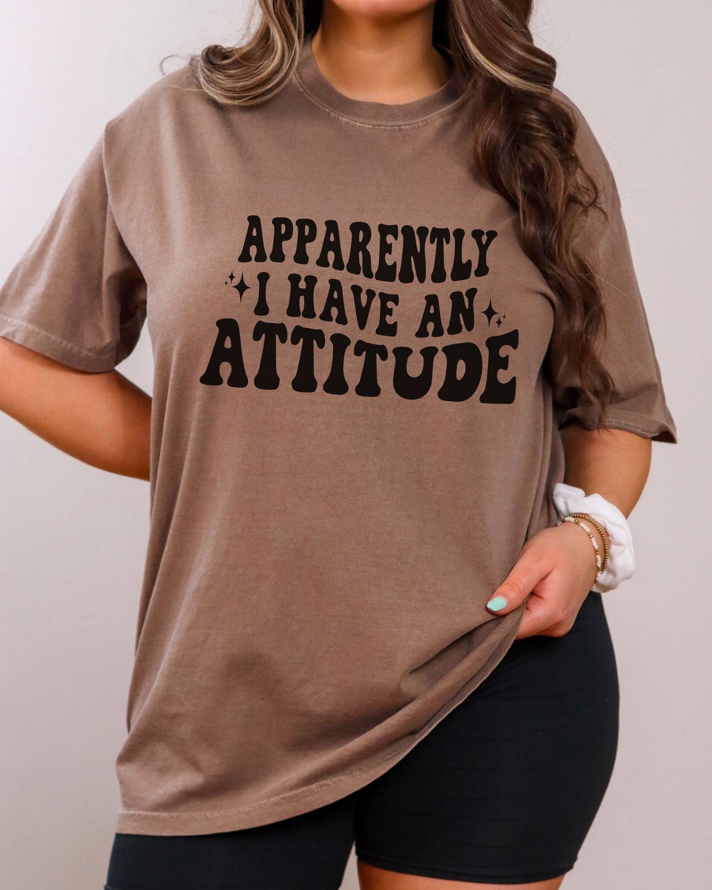 woman wearing sarcastic graphic tee printed on Espresso color Comfort Colors tee with attitude message in retro wavy font