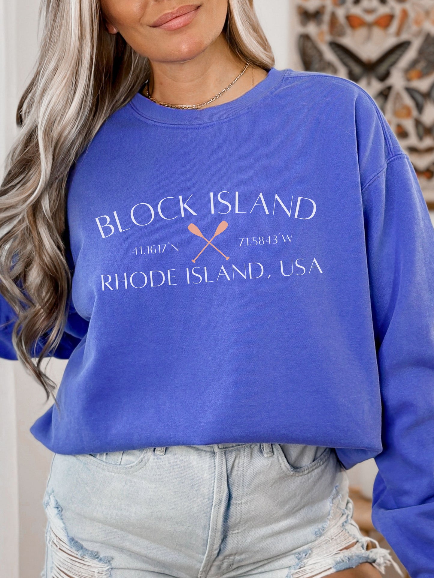 Block Island Rhode Island Sweatshirt – Comfort Colors Crewneck with Crossed Paddles & Coordinates