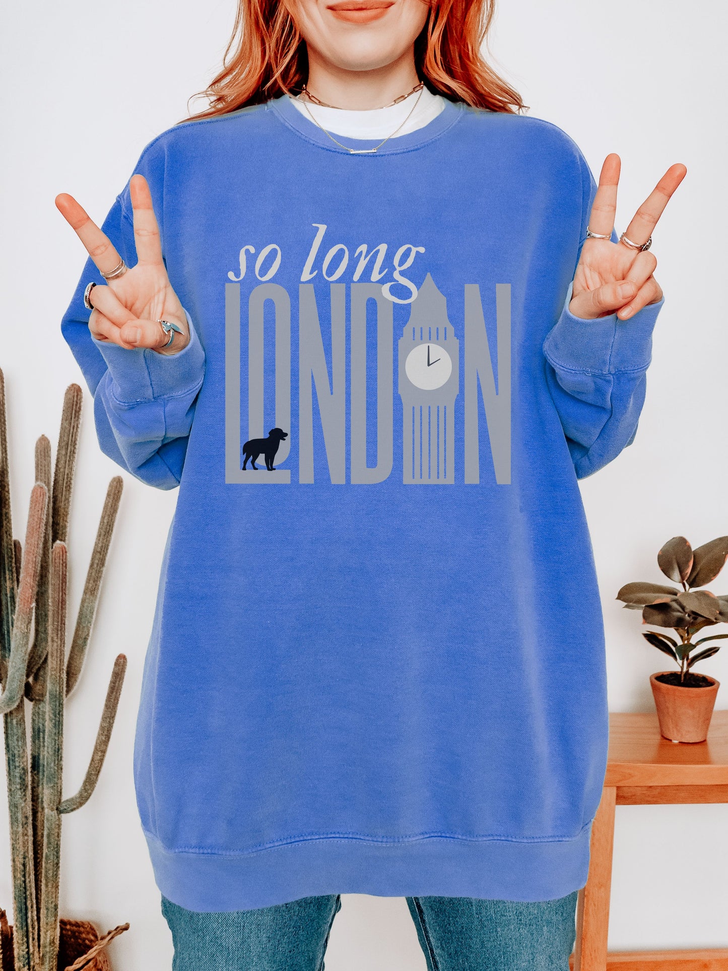 So Long London Sweatshirt – Comfort Colors Crewneck with Dog & Clock Graphic