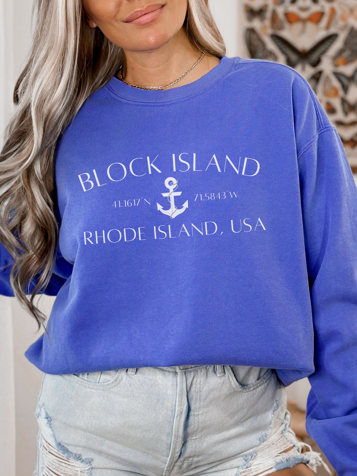 Block Island Rhode Island Sweatshirt – Comfort Colors Crewneck with Anchor & Coordinates