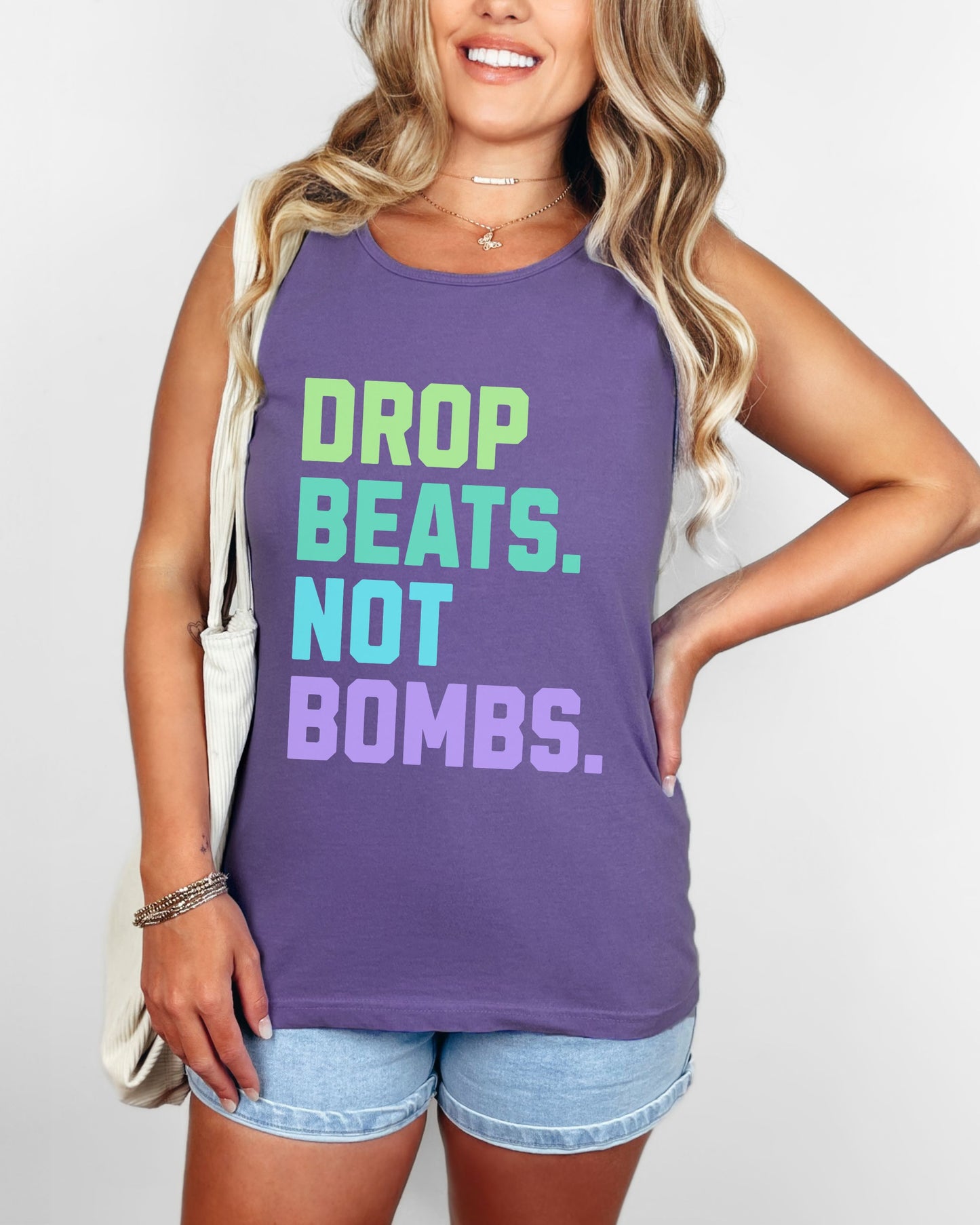Drop Beats Not Bombs Tank Top – Comfort Colors Colorful Peace Music Tee