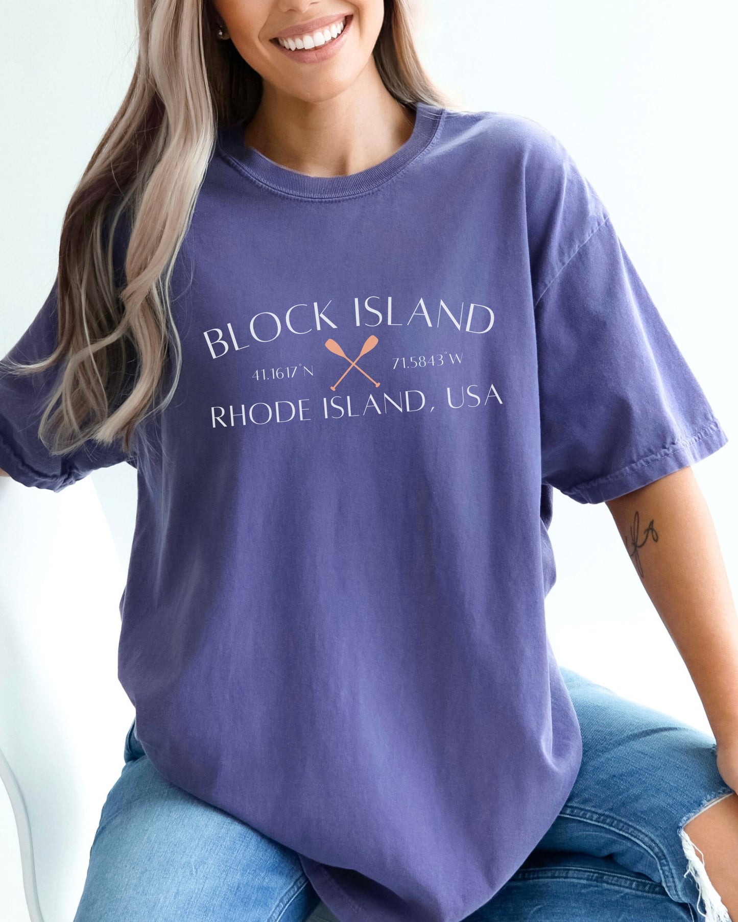 Block Island Rhode Island T-Shirt – Comfort Colors Nautical Tee with Crossed Paddles & Coordinates