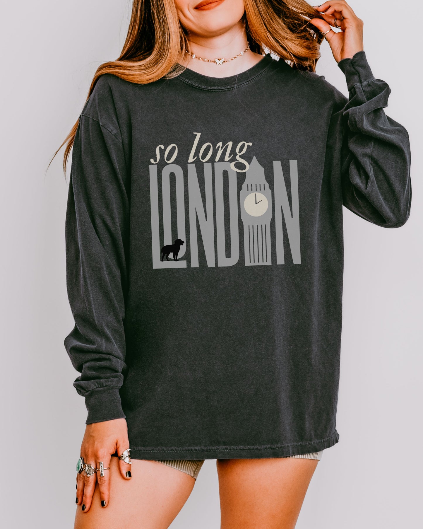 So Long London Long Sleeve Shirt – Comfort Colors Tee with Dog & Clock Graphic