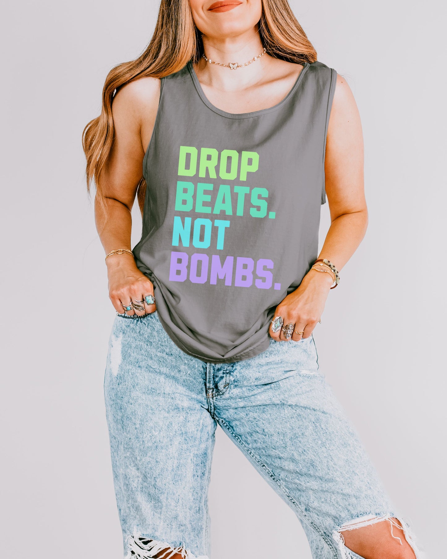 Drop Beats Not Bombs Tank Top – Comfort Colors Colorful Peace Music Tee