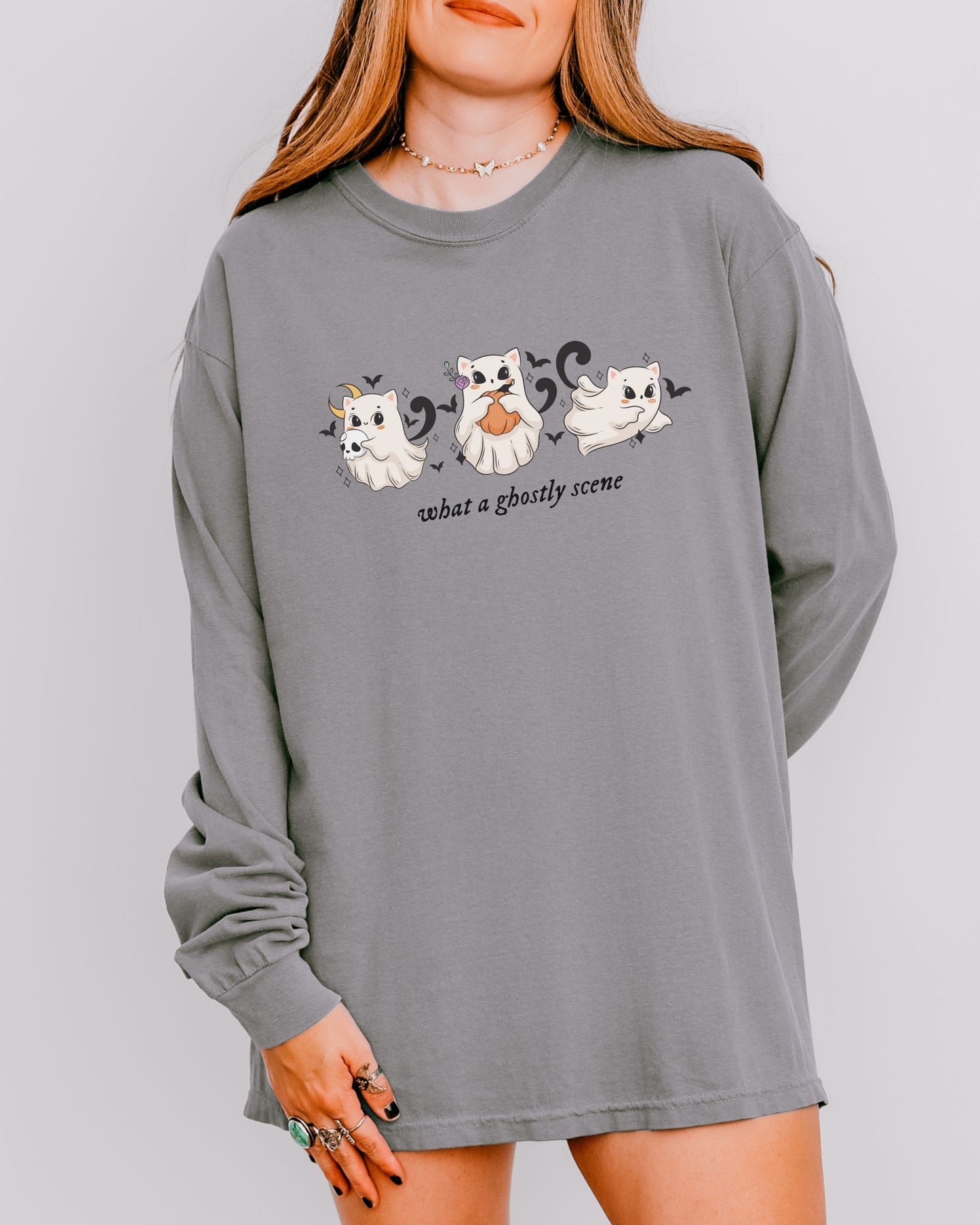 What a Ghostly Scene Long Sleeve Shirt – Comfort Colors with Cute Ghost Cats