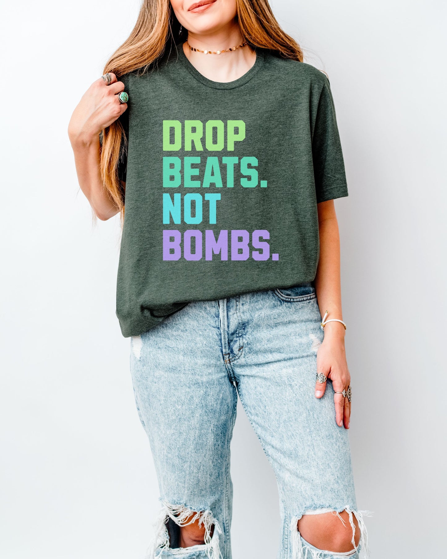 Drop Beats Not Bombs T-Shirt – Bella + Canvas Colorful Peace Music Tee