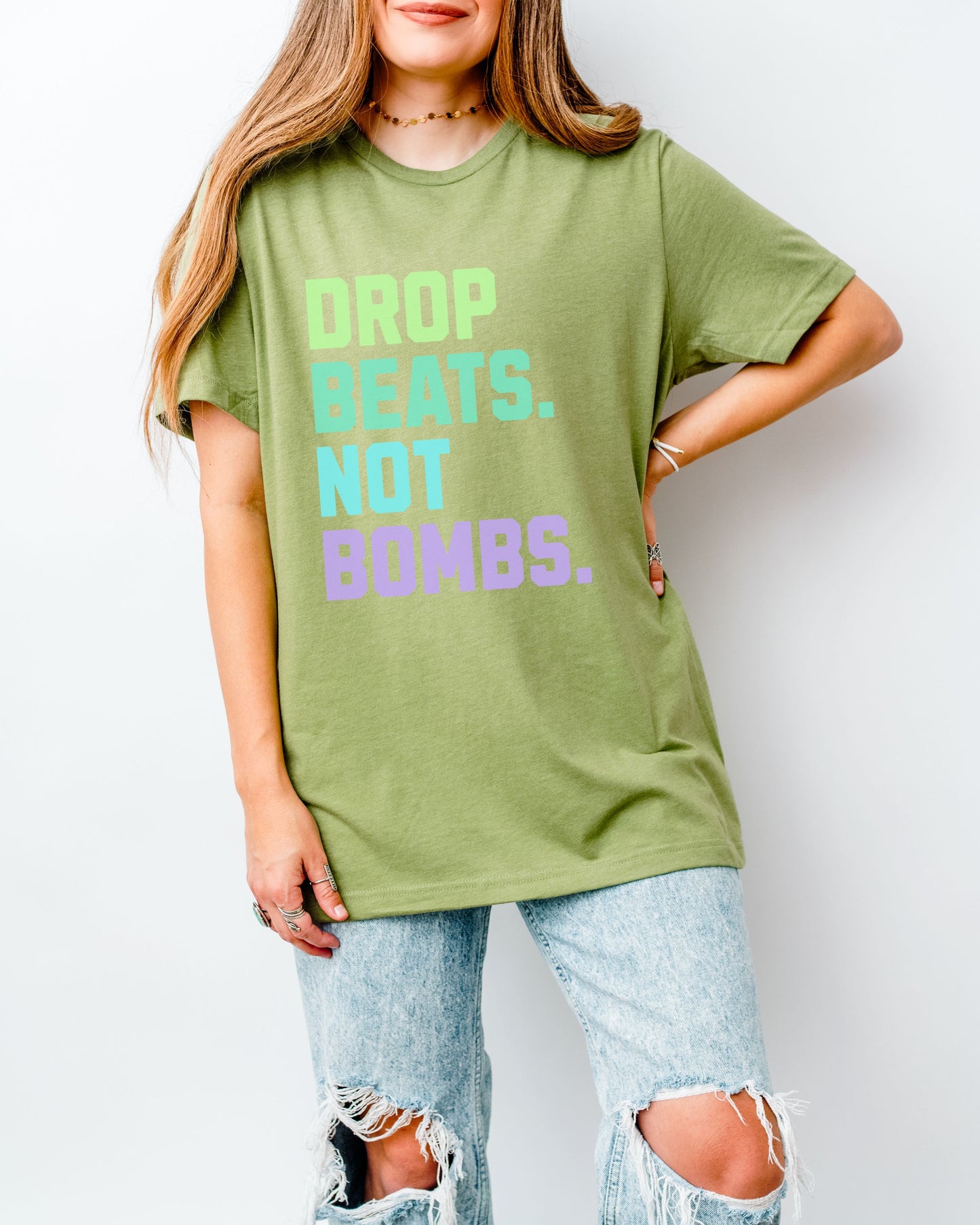 Drop Beats Not Bombs T-Shirt – Bella + Canvas Colorful Peace Music Tee