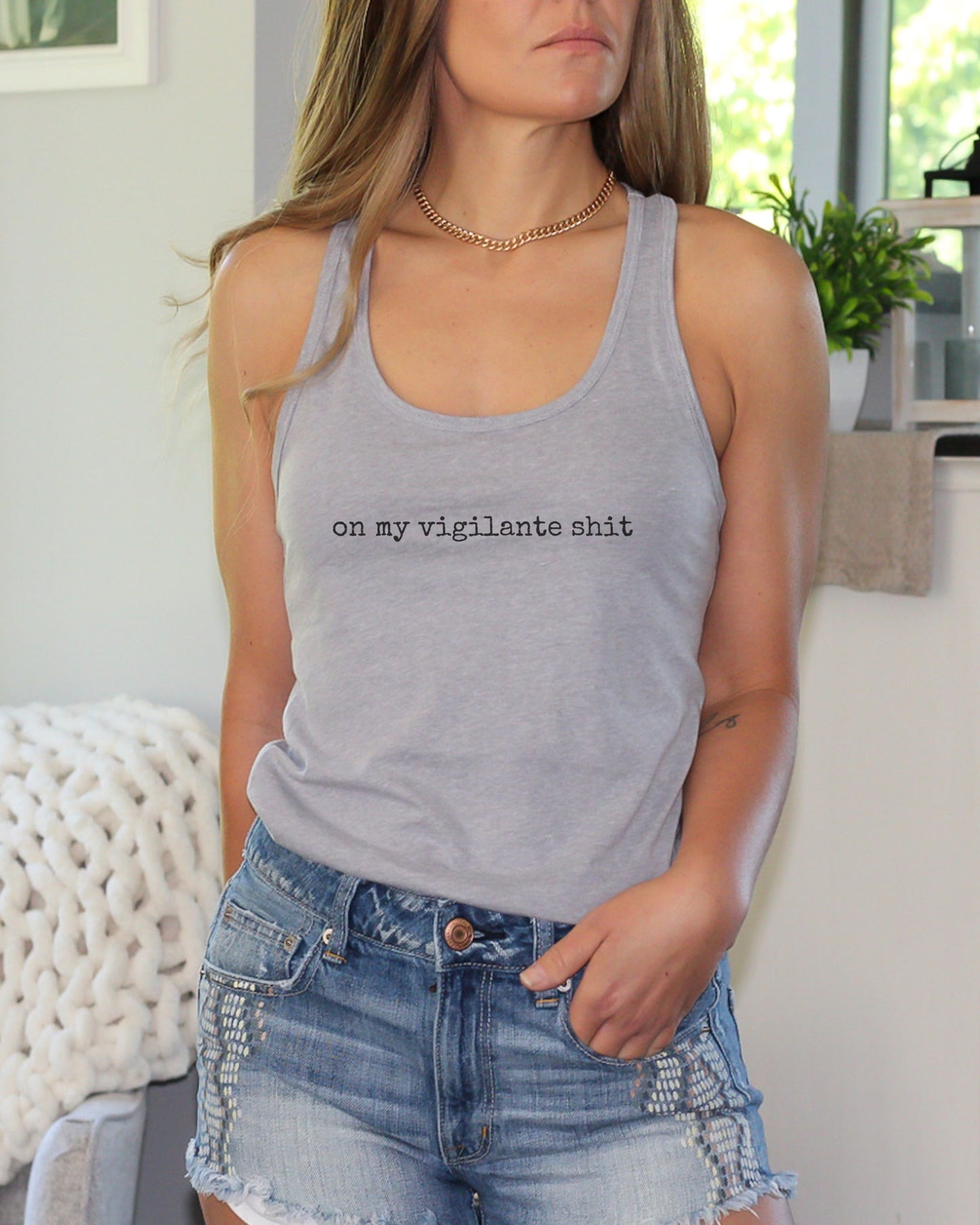 On My Vigilante Shit Tank Top – Next Level Slim Fit Racerback