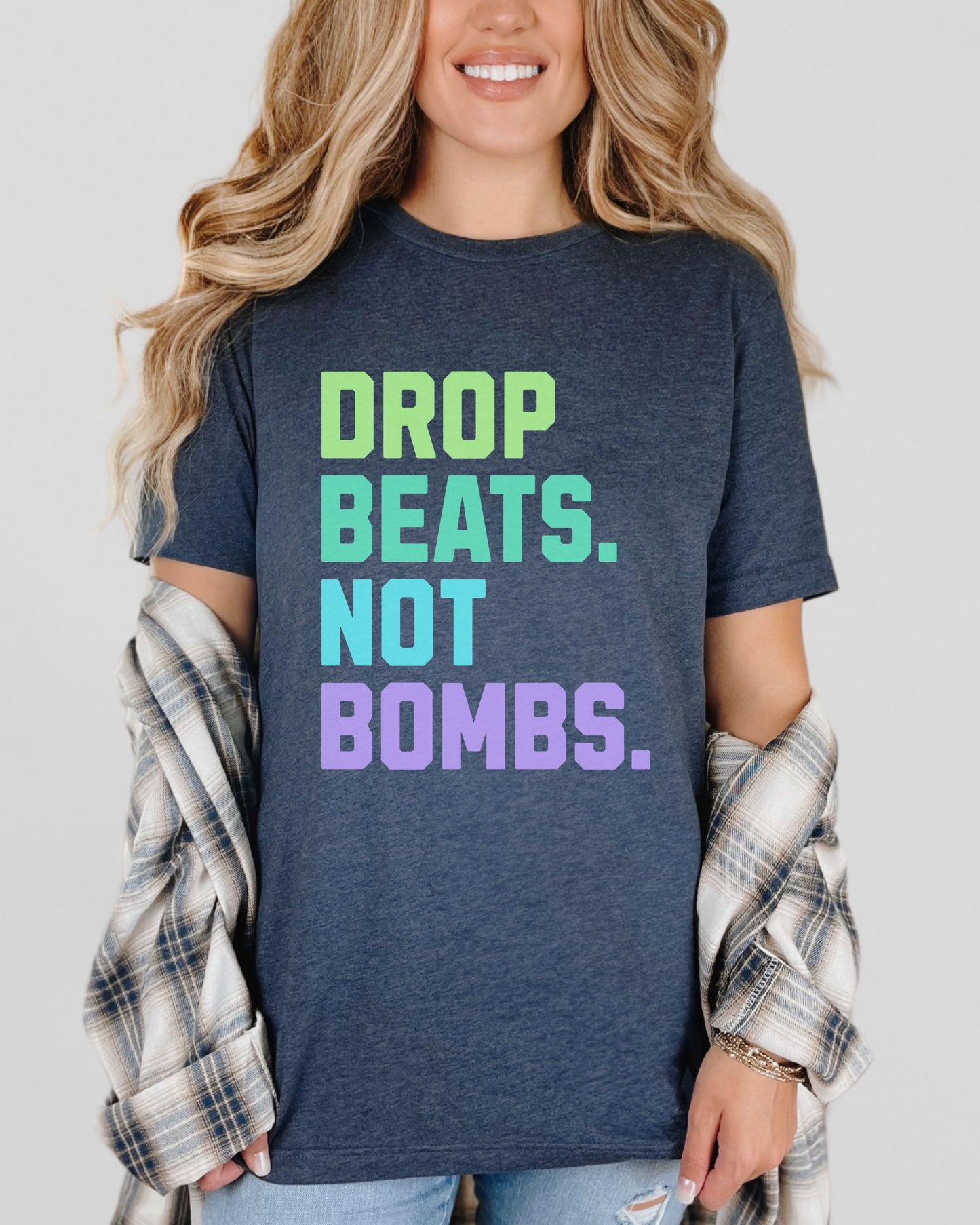 Drop Beats Not Bombs T-Shirt – Bella + Canvas Colorful Peace Music Tee