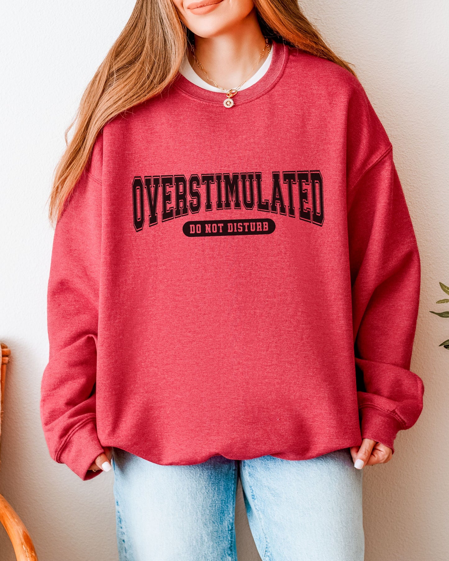 Person wearing a red sweatshirt with 'OVERSTIMULATED DO NOT DISTURB' text.