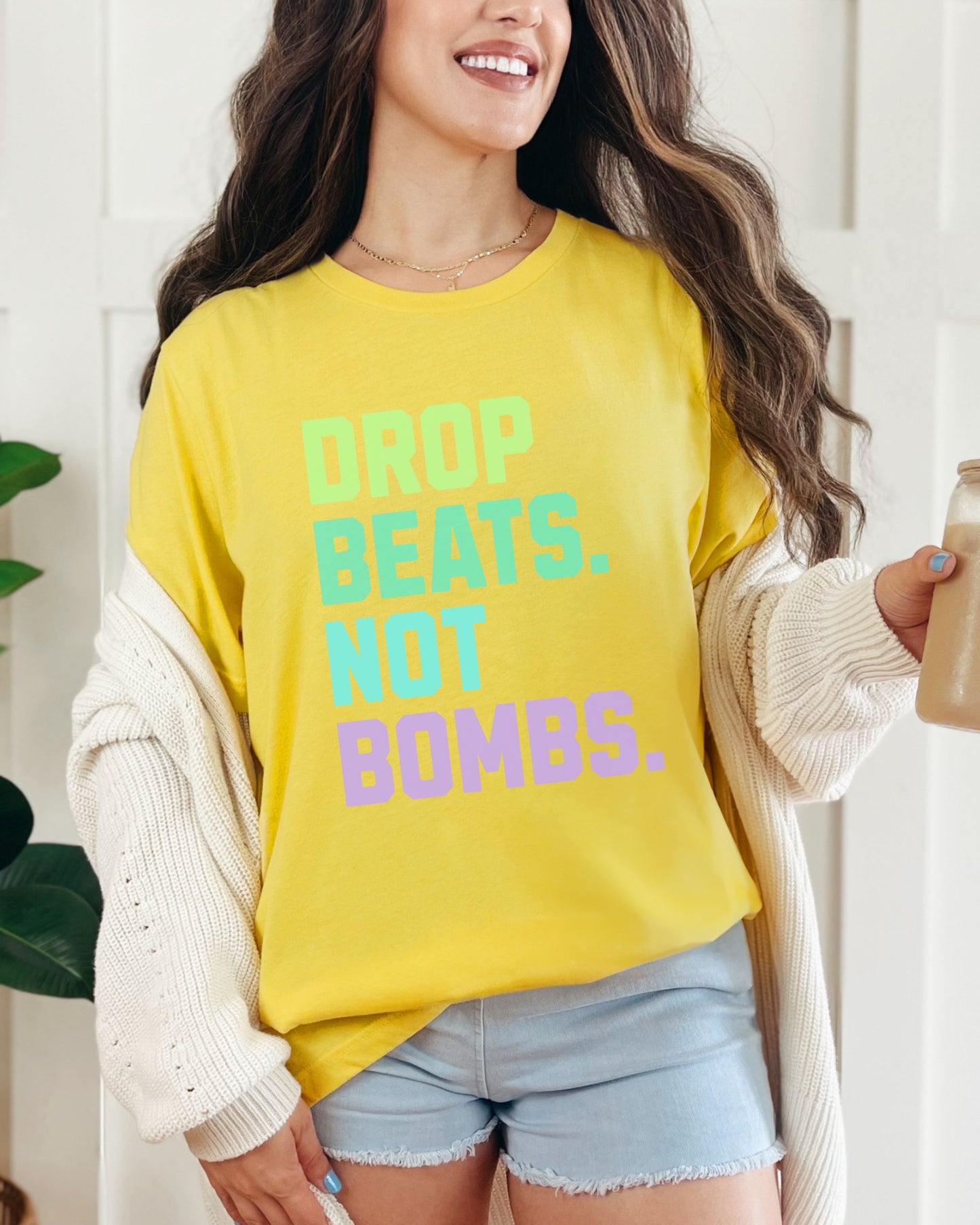 Drop Beats Not Bombs T-Shirt – Bella + Canvas Colorful Peace Music Tee