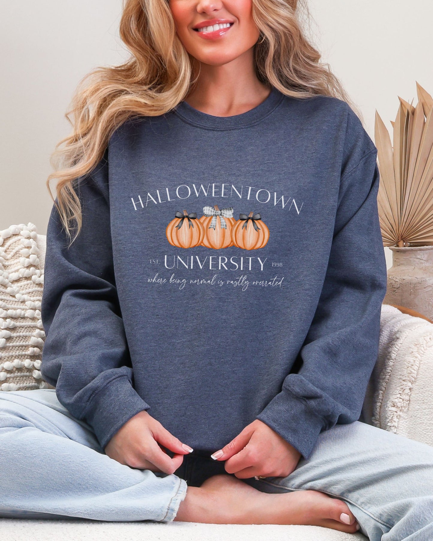 Halloweentown University Sweatshirt – Gildan Crewneck with Coquette Pumpkins
