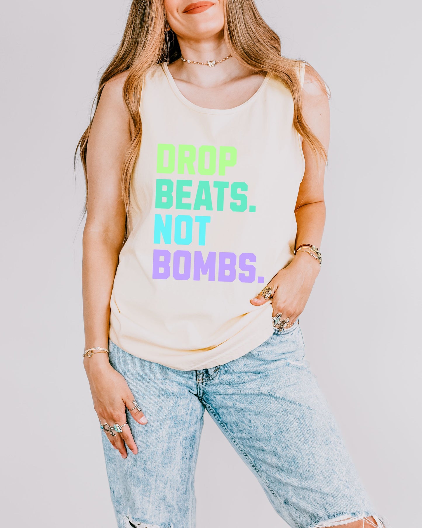 Drop Beats Not Bombs Tank Top – Comfort Colors Colorful Peace Music Tee