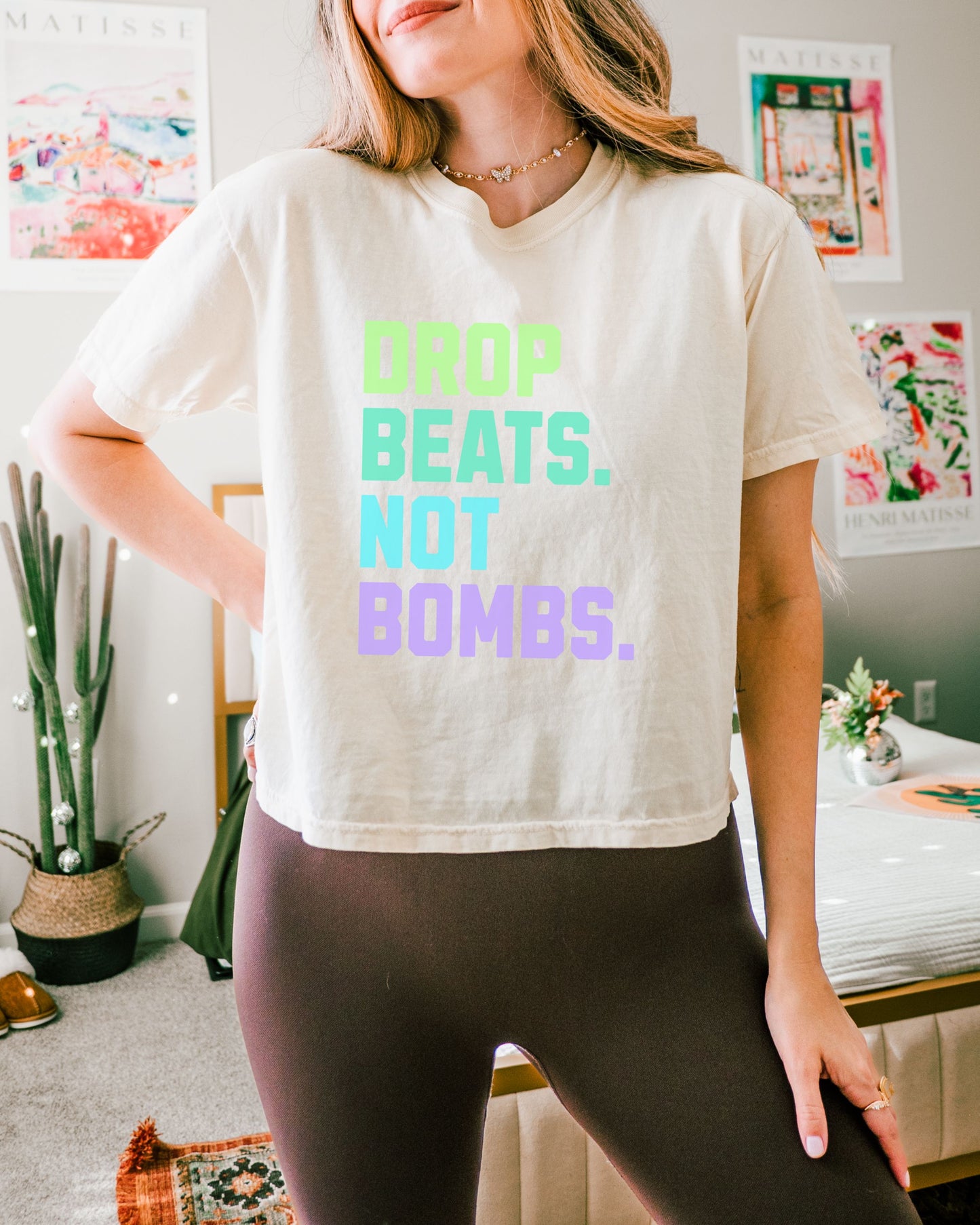 Drop Beats Not Bombs Crop Top – Comfort Colors Colorful Peace Music Tee
