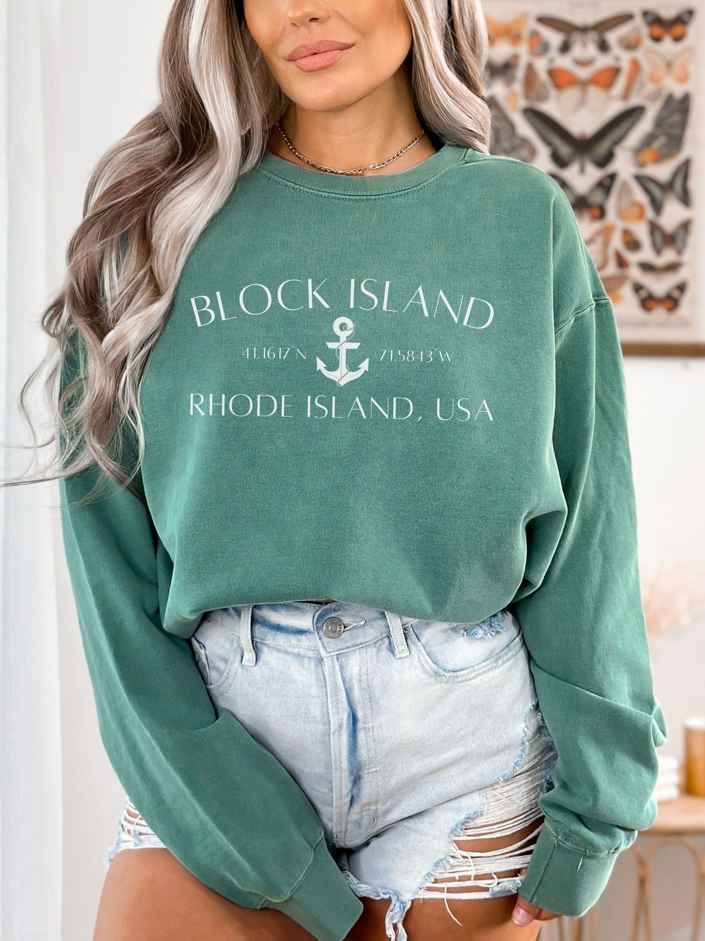 Block Island Rhode Island Sweatshirt – Comfort Colors Crewneck with Anchor & Coordinates