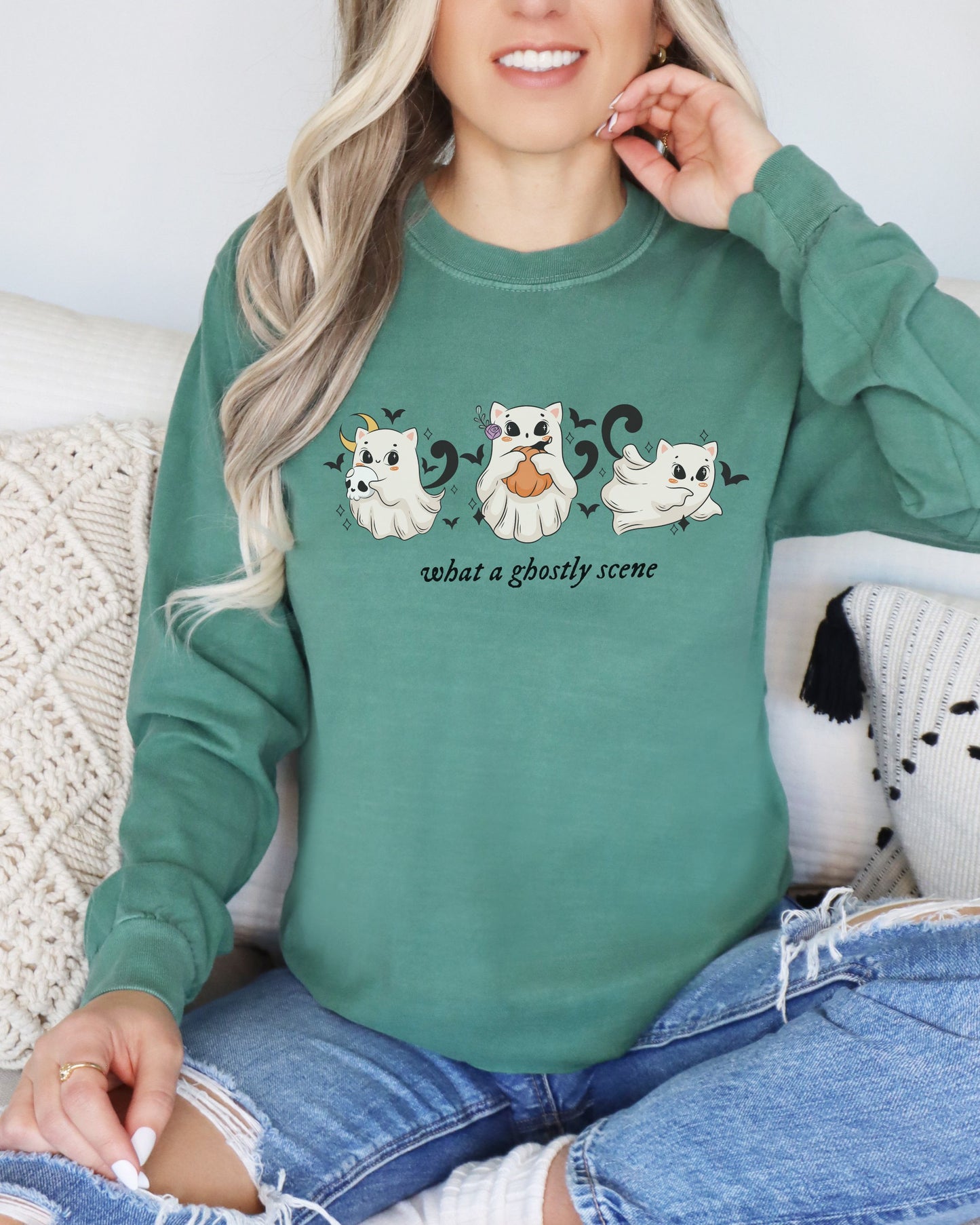 What a Ghostly Scene Long Sleeve Shirt – Comfort Colors with Cute Ghost Cats