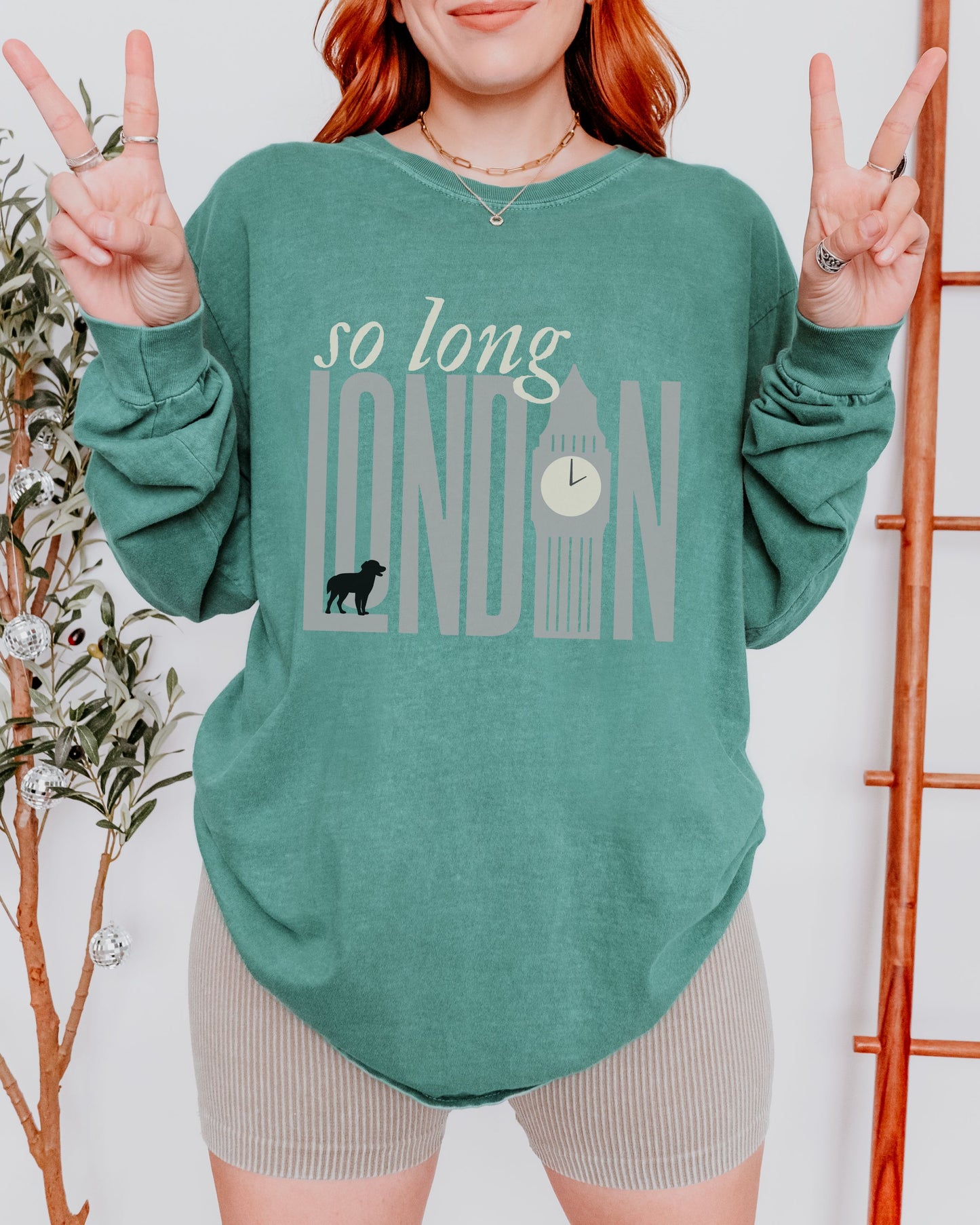 So Long London Long Sleeve Shirt – Comfort Colors Tee with Dog & Clock Graphic