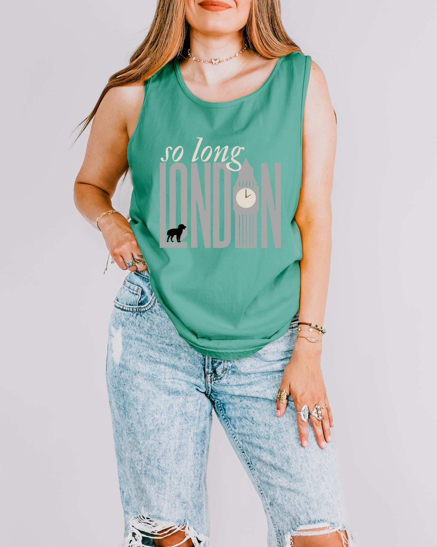 So Long London Tank Top – Comfort Colors with Dog & Clock Graphic