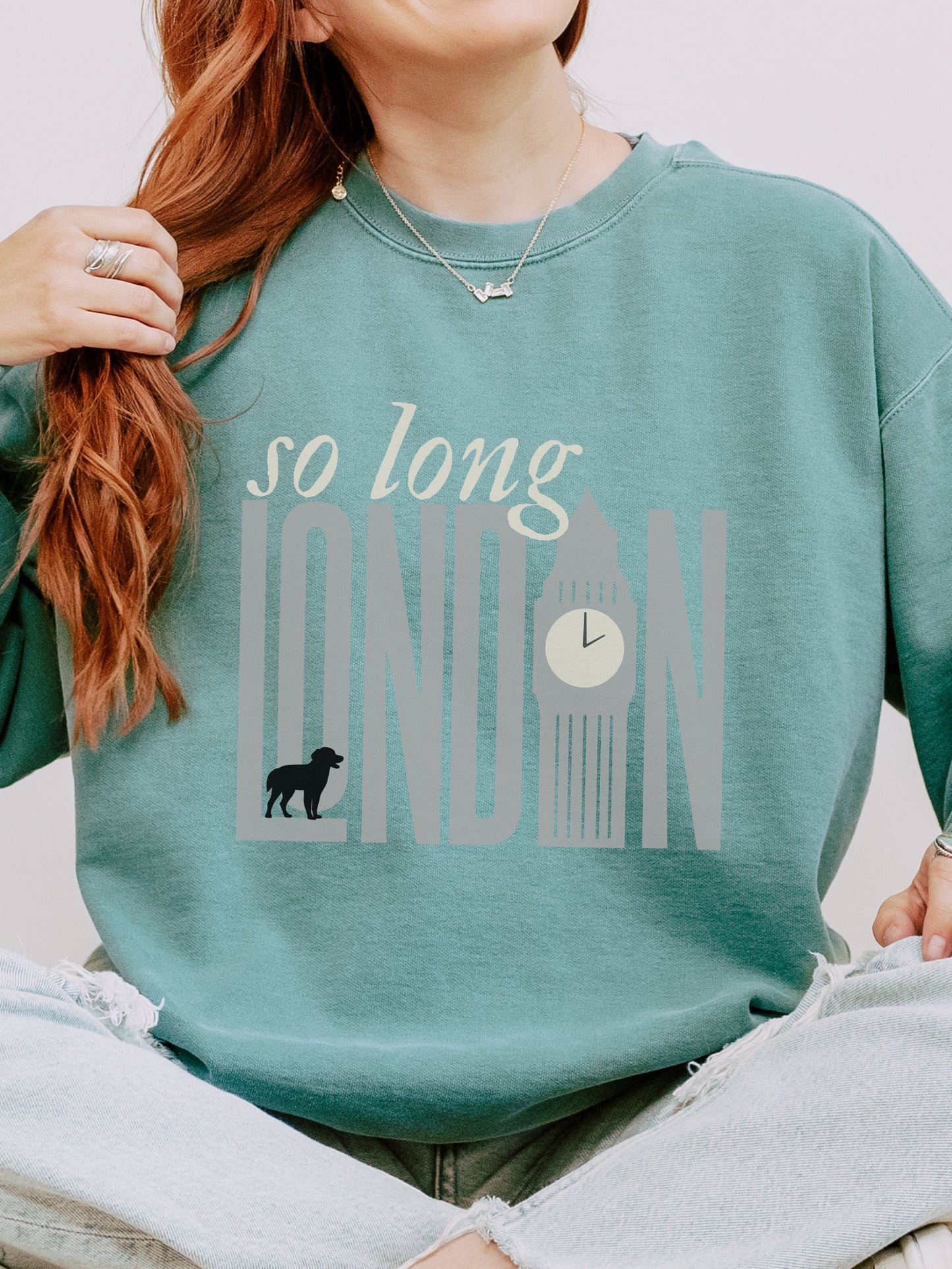 So Long London Sweatshirt – Comfort Colors Crewneck with Dog & Clock Graphic