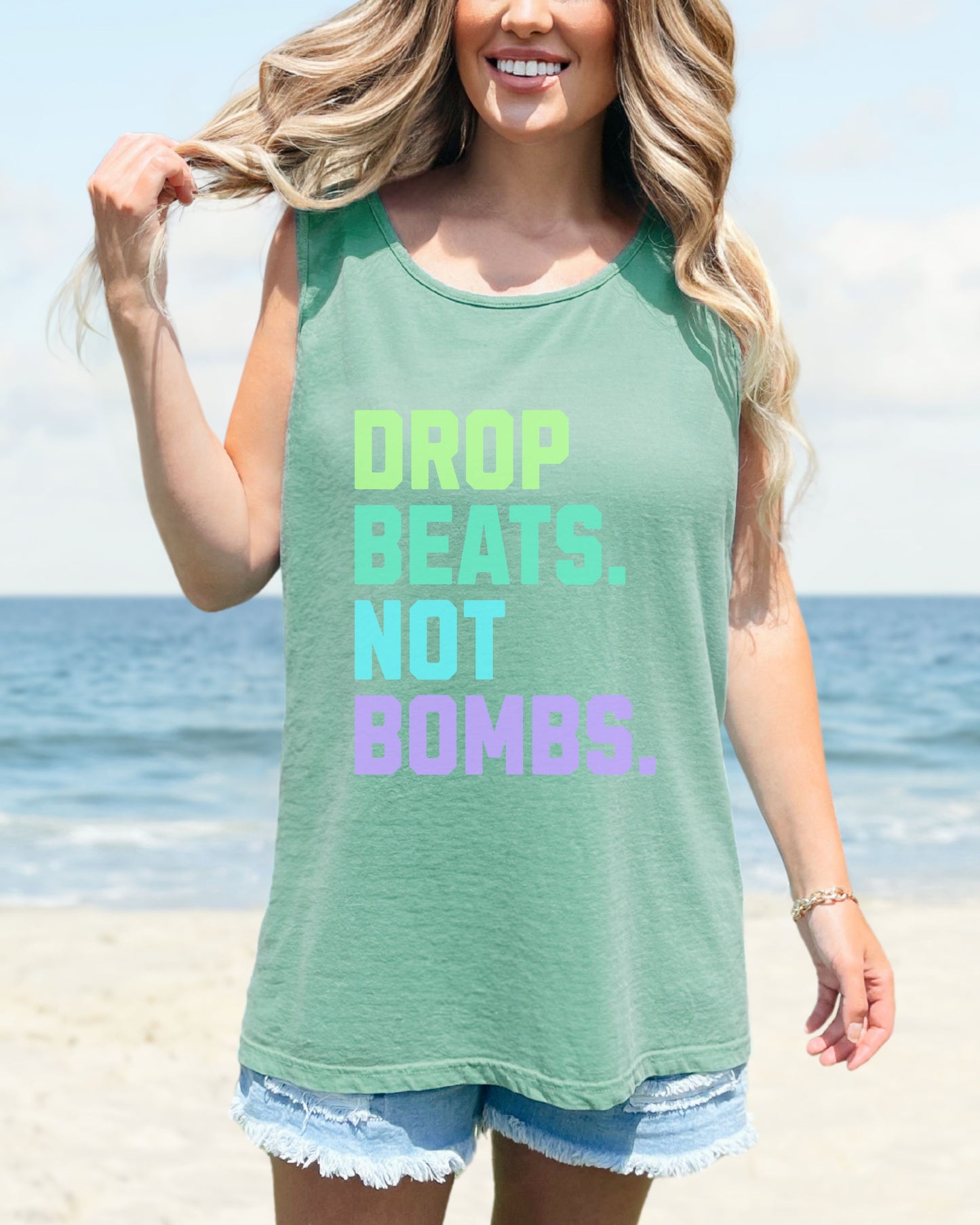 Drop Beats Not Bombs Tank Top – Comfort Colors Colorful Peace Music Tee
