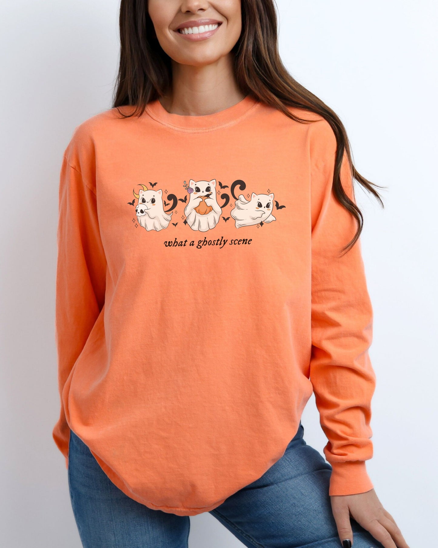 What a Ghostly Scene Long Sleeve Shirt – Comfort Colors with Cute Ghost Cats