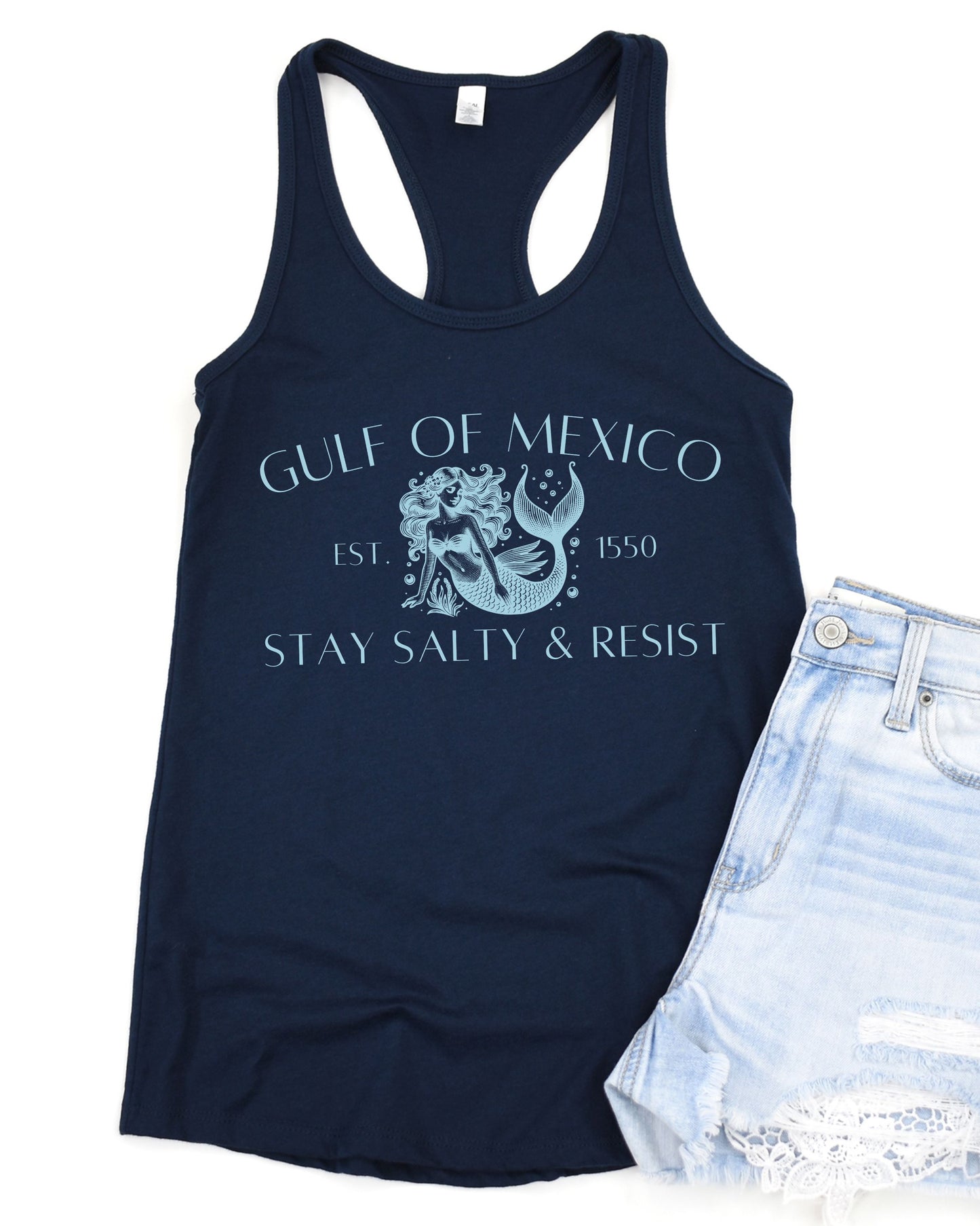 Navy tank top with Gulf of Mexico graphic and text, paired with light denim shorts on a white background.
