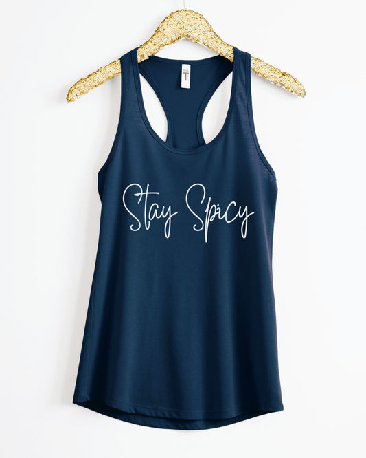 Navy tank top with 'Stay Spicy' text on a white background