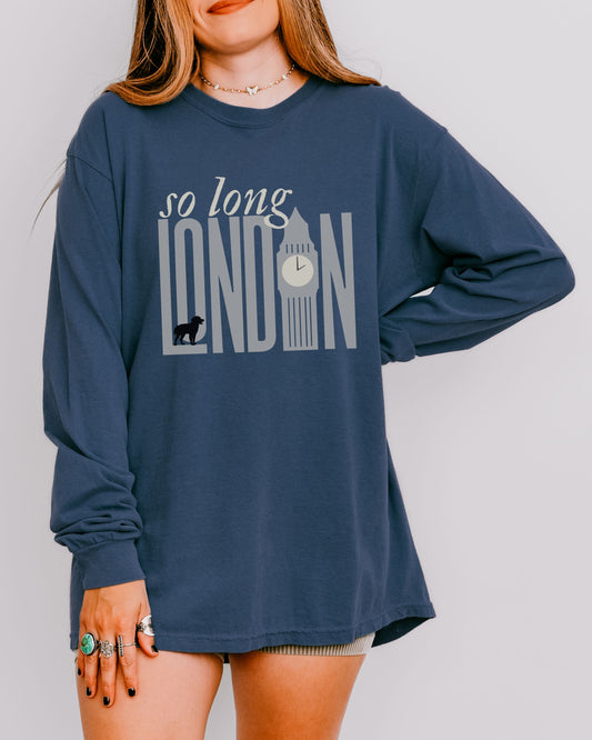 So Long London Long Sleeve Shirt – Comfort Colors Tee with Dog & Clock Graphic