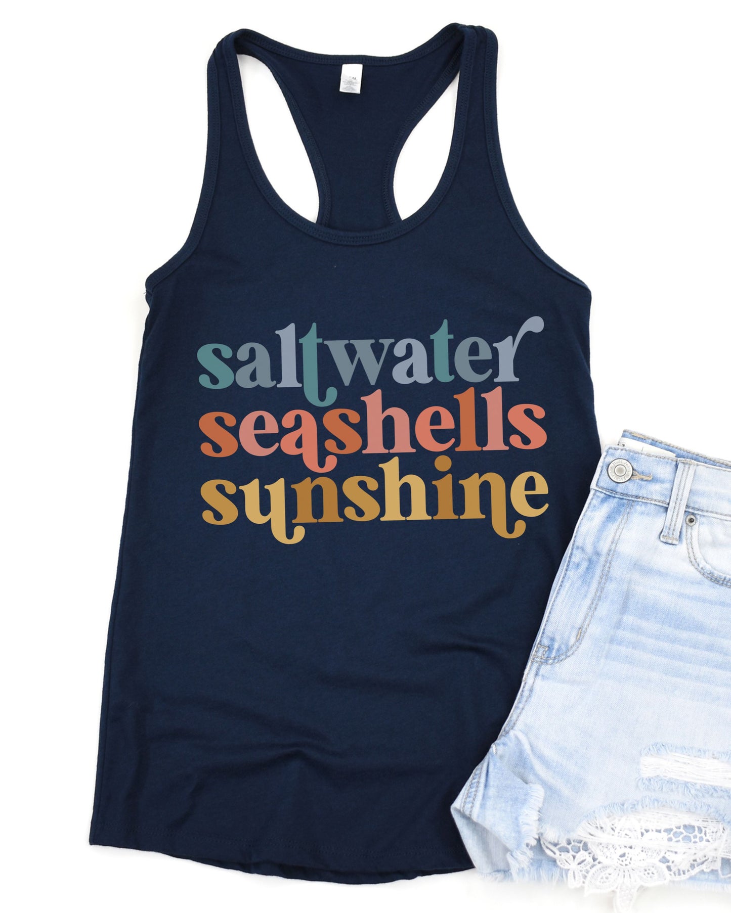 woman wearing summer tank top with saltwater seashells sunshine text