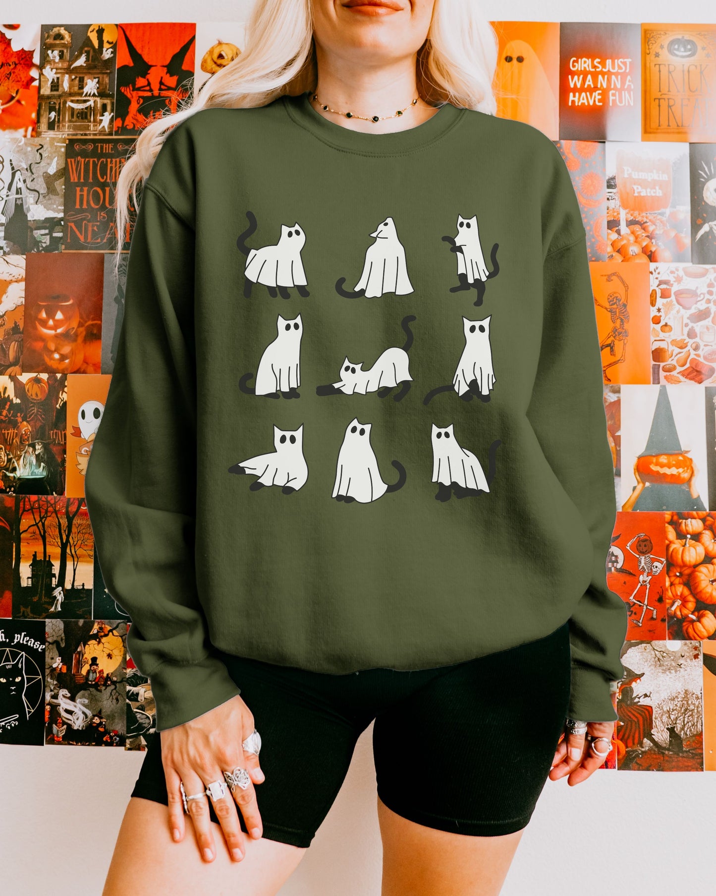 Cute Ghost Cats Sweatshirt – Halloween Cat Graphic Crewneck