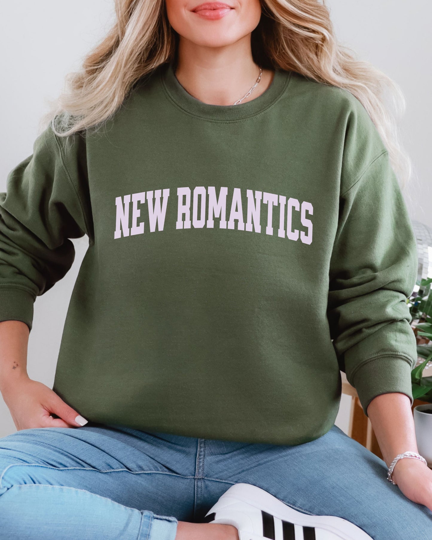 New Romantics Sweatshirt – Gildan Collegiate Font Graphic Crewneck