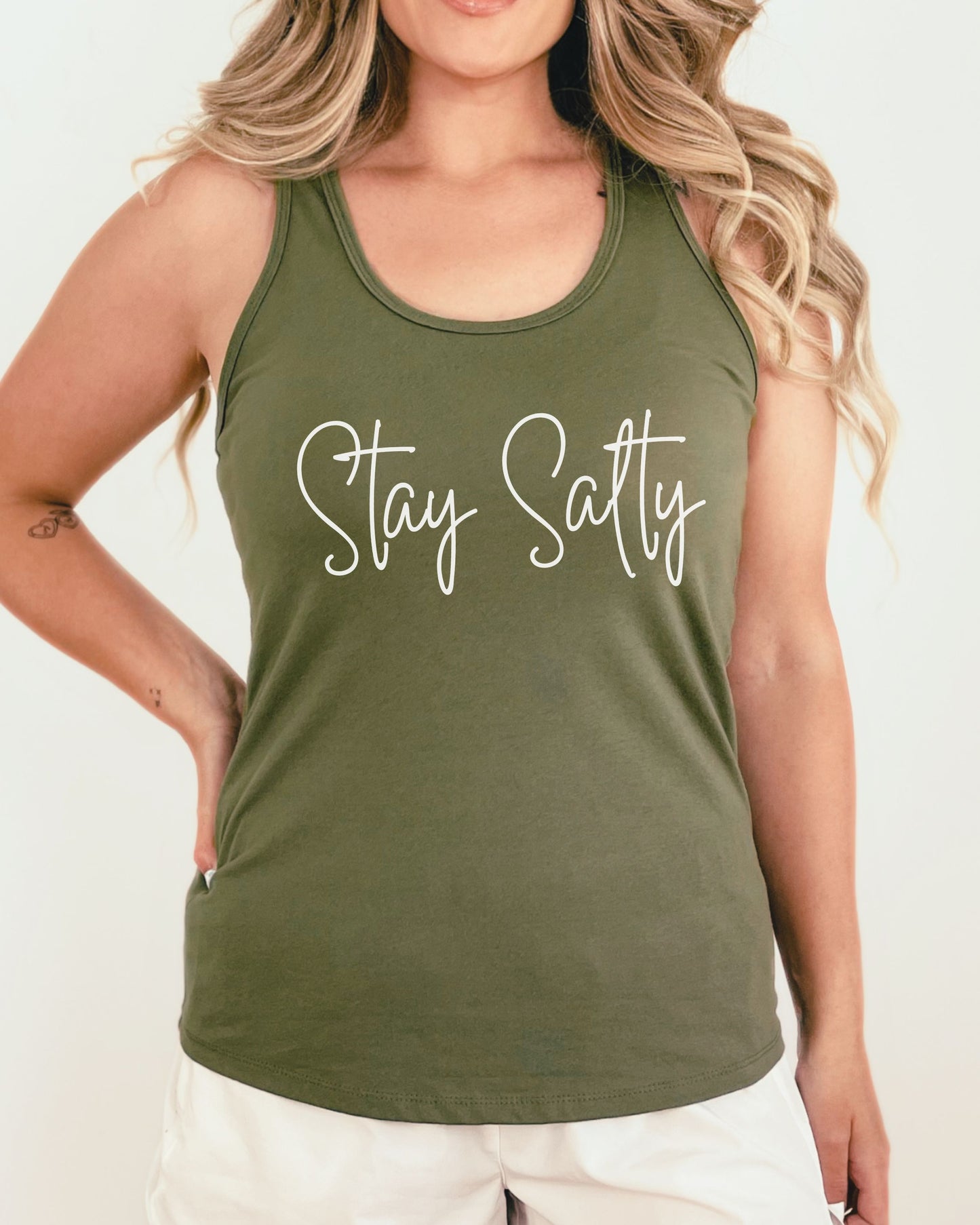 Stay Salty Slim Fit Racerback Tank – Graphic Beach & Workout Top