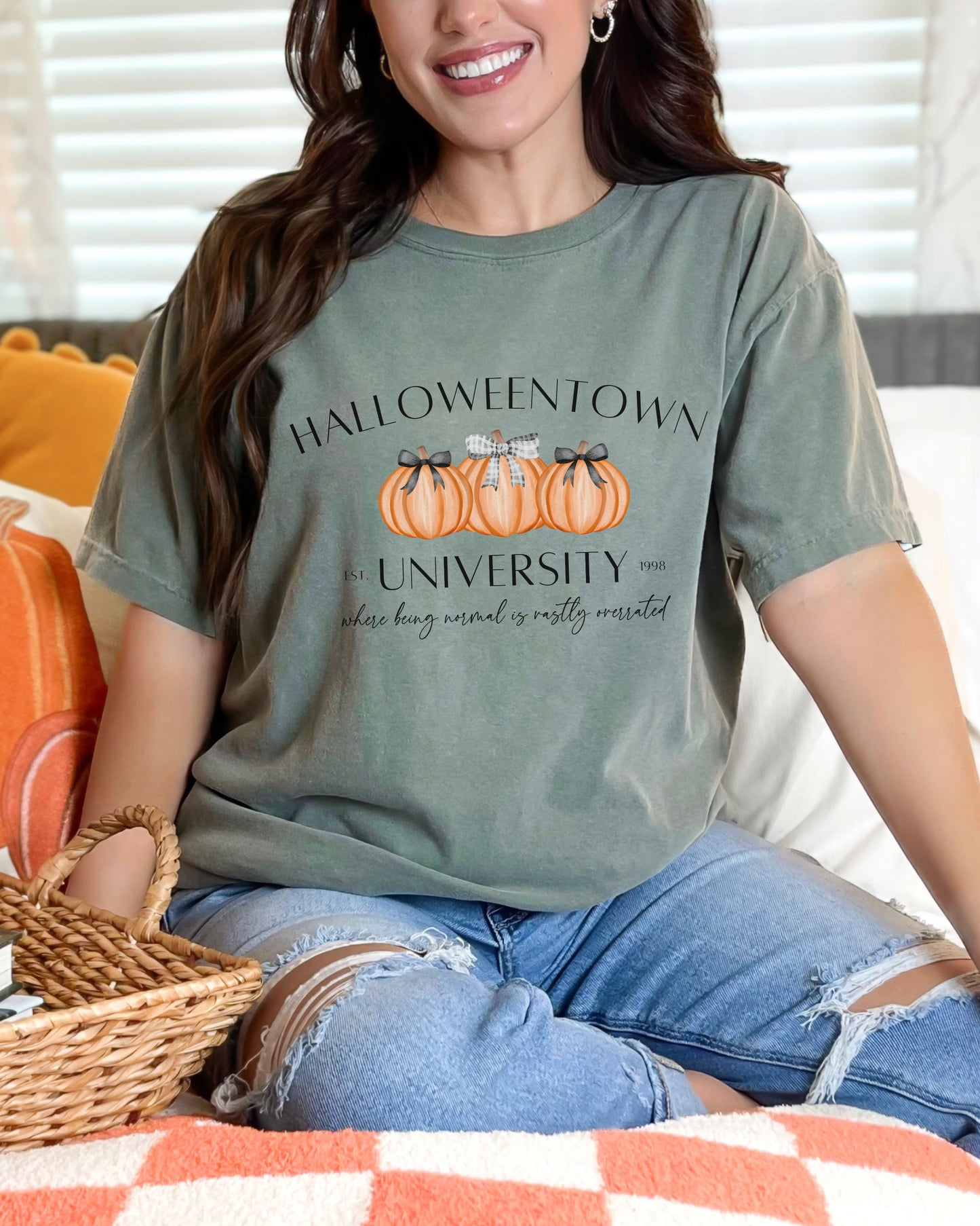 Halloweentown University T-Shirt – Comfort Colors Tee with Coquette Pumpkins