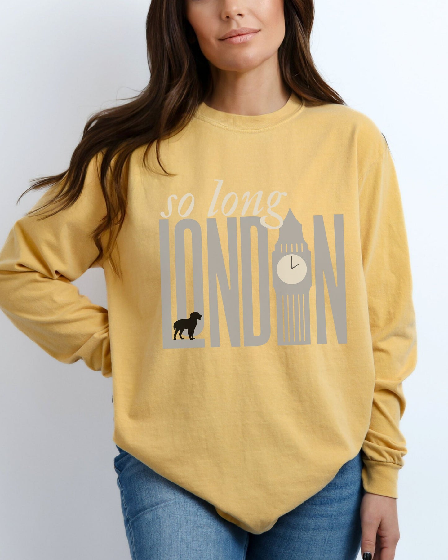 So Long London Long Sleeve Shirt – Comfort Colors Tee with Dog & Clock Graphic